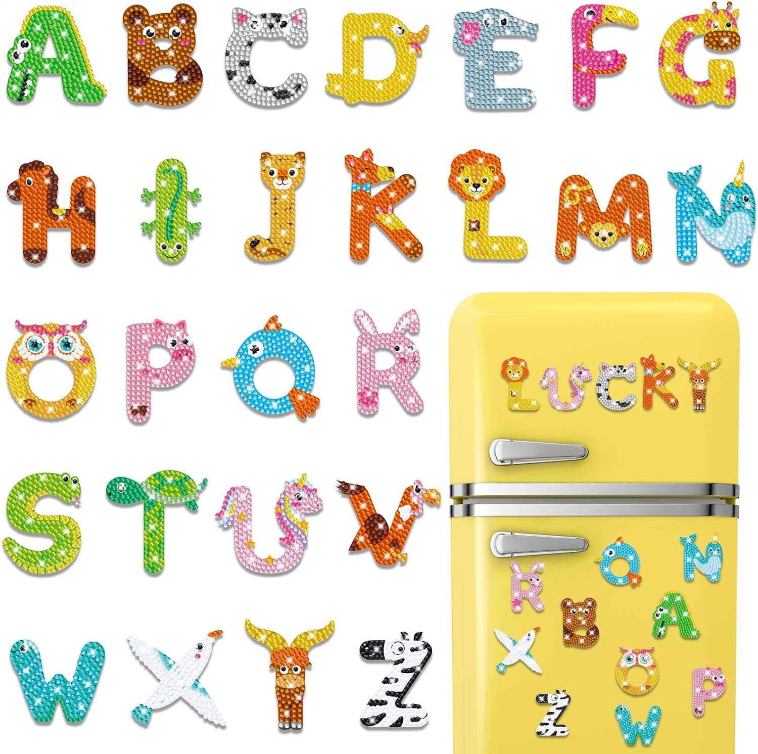 wholesale 26 pcs diamond art painting magnets cartoon animal alphabet letters for toddler kid fridge abc magnetic letters educational toy set for preschool learning spelling, birthday baby shower parties gift factory & supplier oem