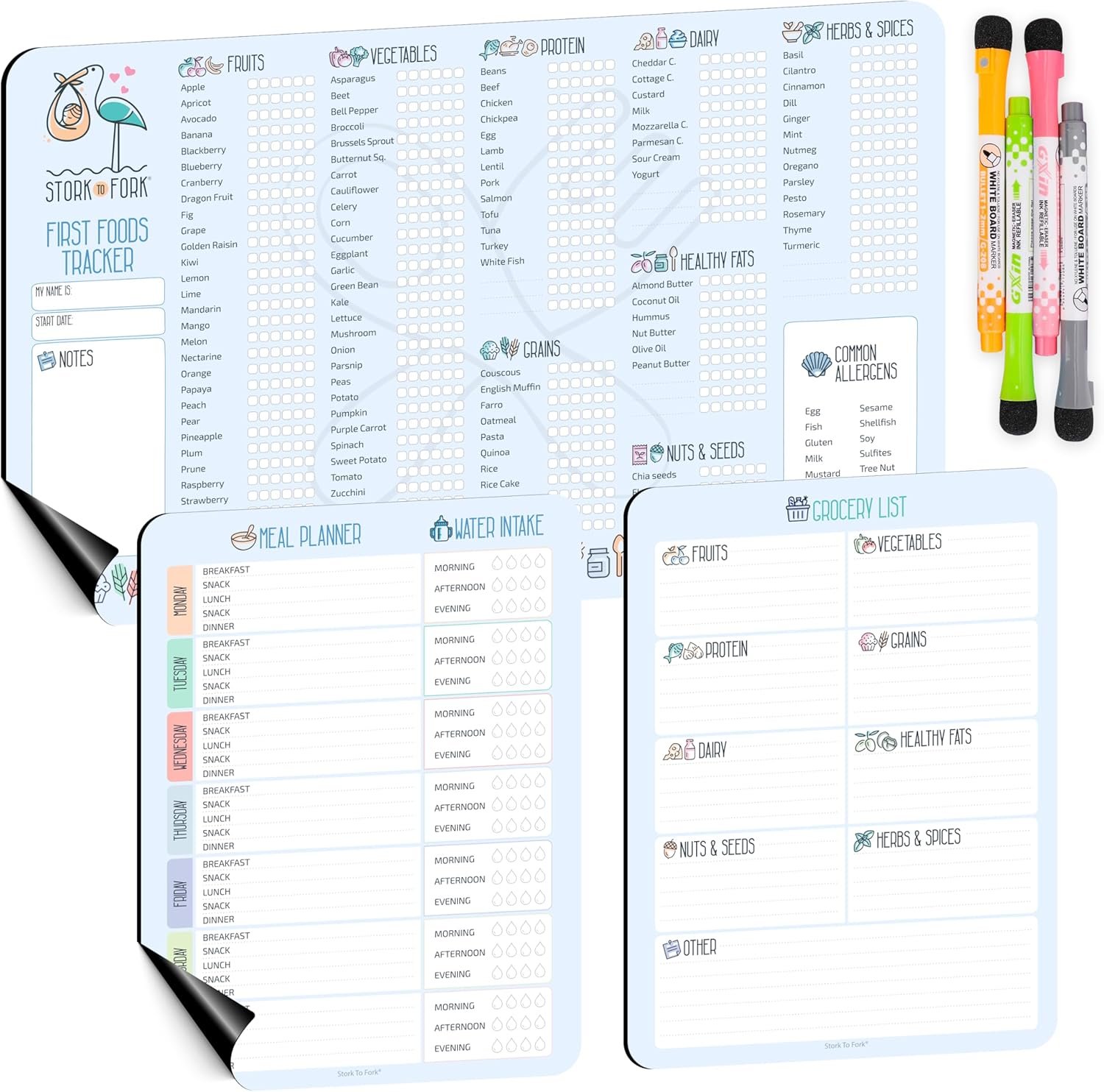 wholesale baby first food tracker, magnetic meal planner, fridge grocery shopping list chart (3 in 1) - dry, erase menu planner, strong stickiness on refrigerator - 11.6”x8.2”, blue - baby led weaning supplies factory & supplier oem