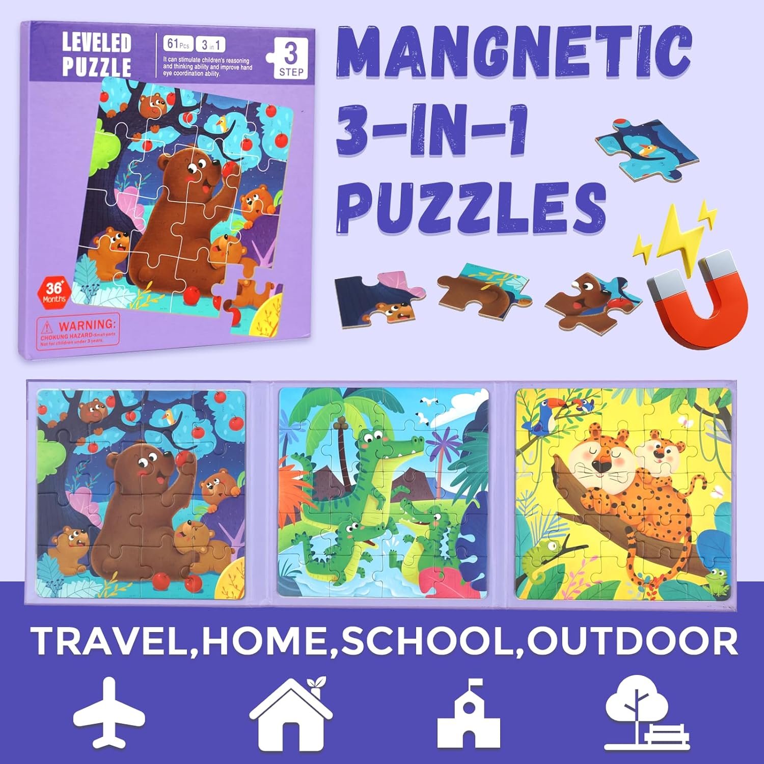 wholesale magnetic puzzles for kids ages 3-5, 3 in 1 toddlers animal magnetic jigsaw puzzle, kids travel puzzles toys, preschool learning toy for kids 3-8 year (animal forest) factory & supplier oem