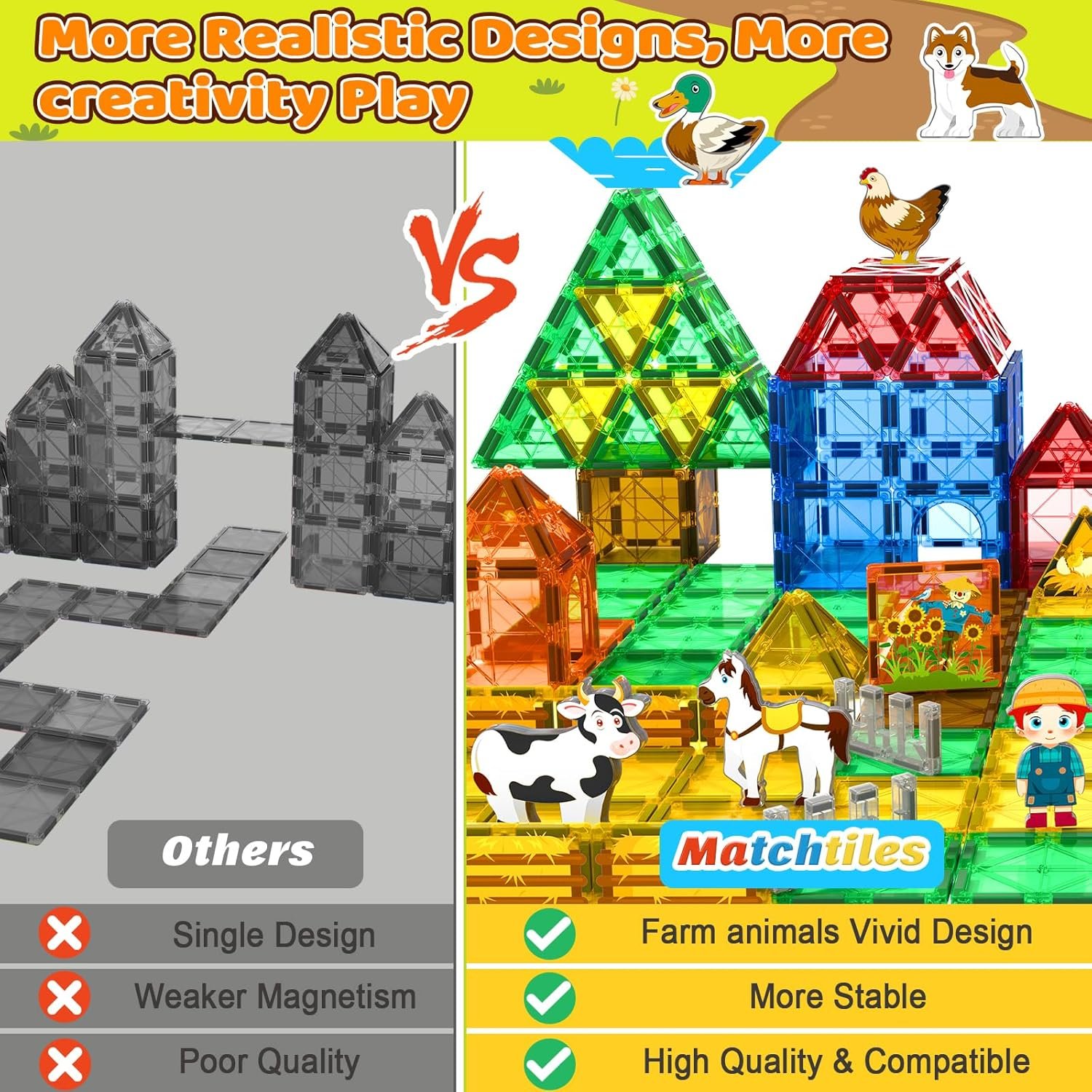 wholesale magnetic tiles toys with farm animals for 3+ year old toddler, magnetic blocks building toys for kids ages 3-5 5-7 girls boys, classroom must haves factory & supplier oem