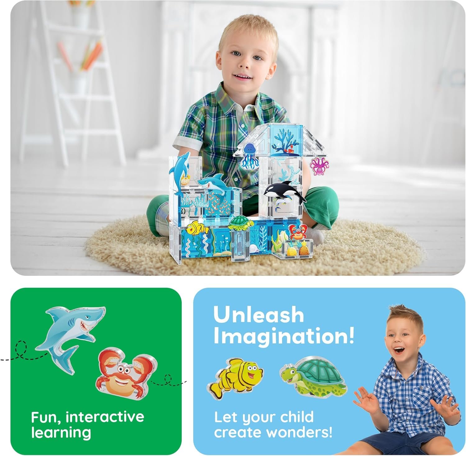 wholesale picassotiles magnet tiles magnetic building blocks aquarium marine animal theme set with 8 character action figures shark crab turtle stem toys construction preschool toddlers kids boys girls 3+ ptq15 factory & supplier oem