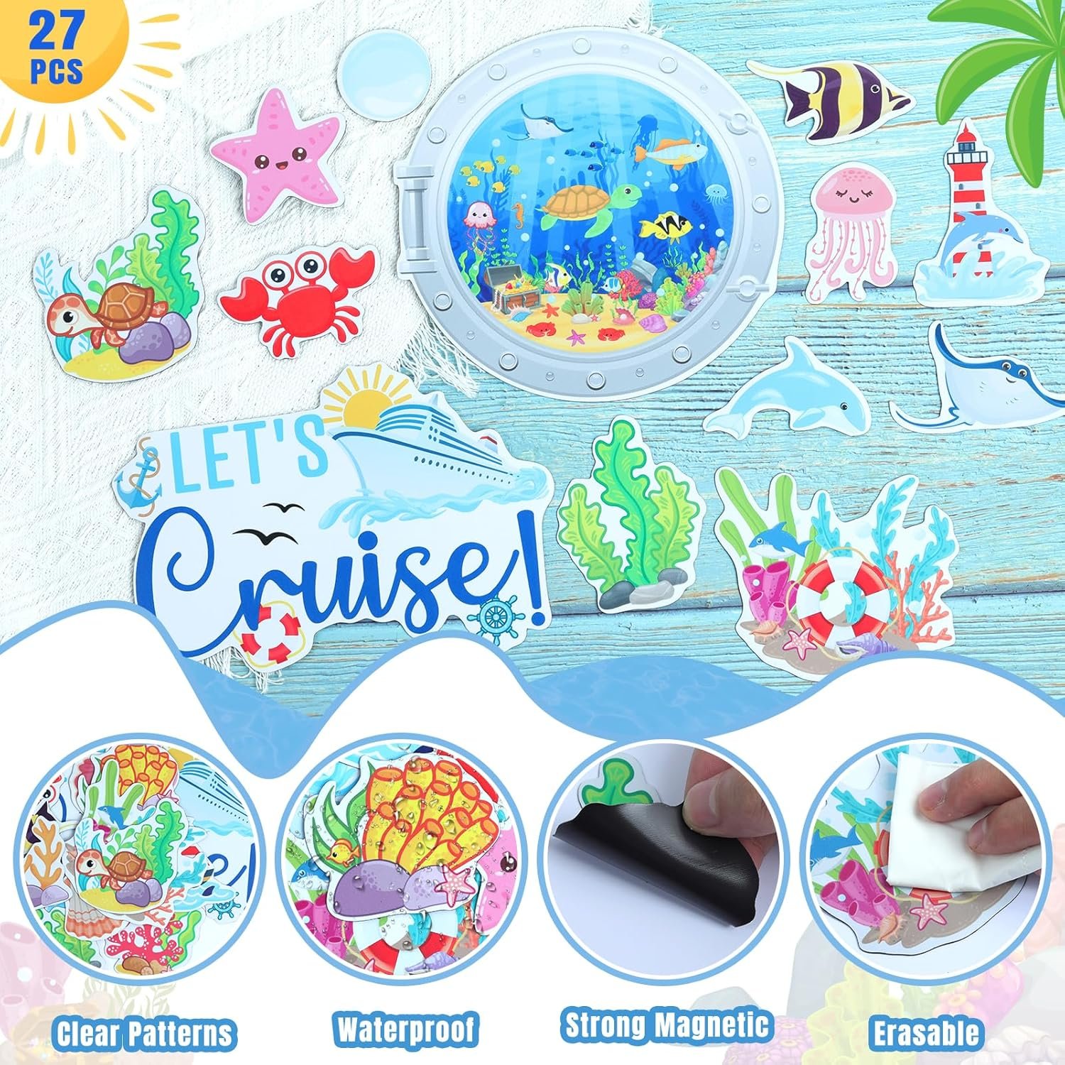 wholesale 27pcs cruise door decorations magnetic, ocean sea animal cruise magnets for door decoration summer cruise cabin door magnet stickers for carnival cruise refrigerator car door factory & supplier oem