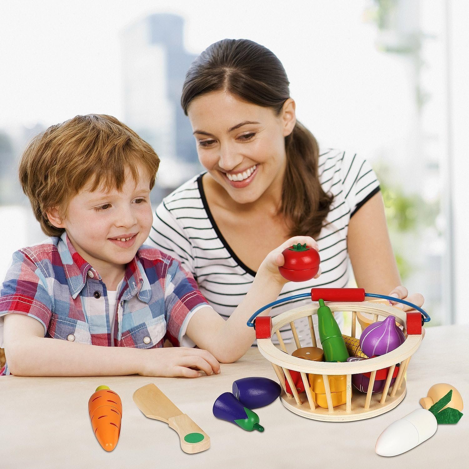 wholesale victostar magnetic wooden cutting fruits vegetables food play toy set with basket for kids factory & supplier oem