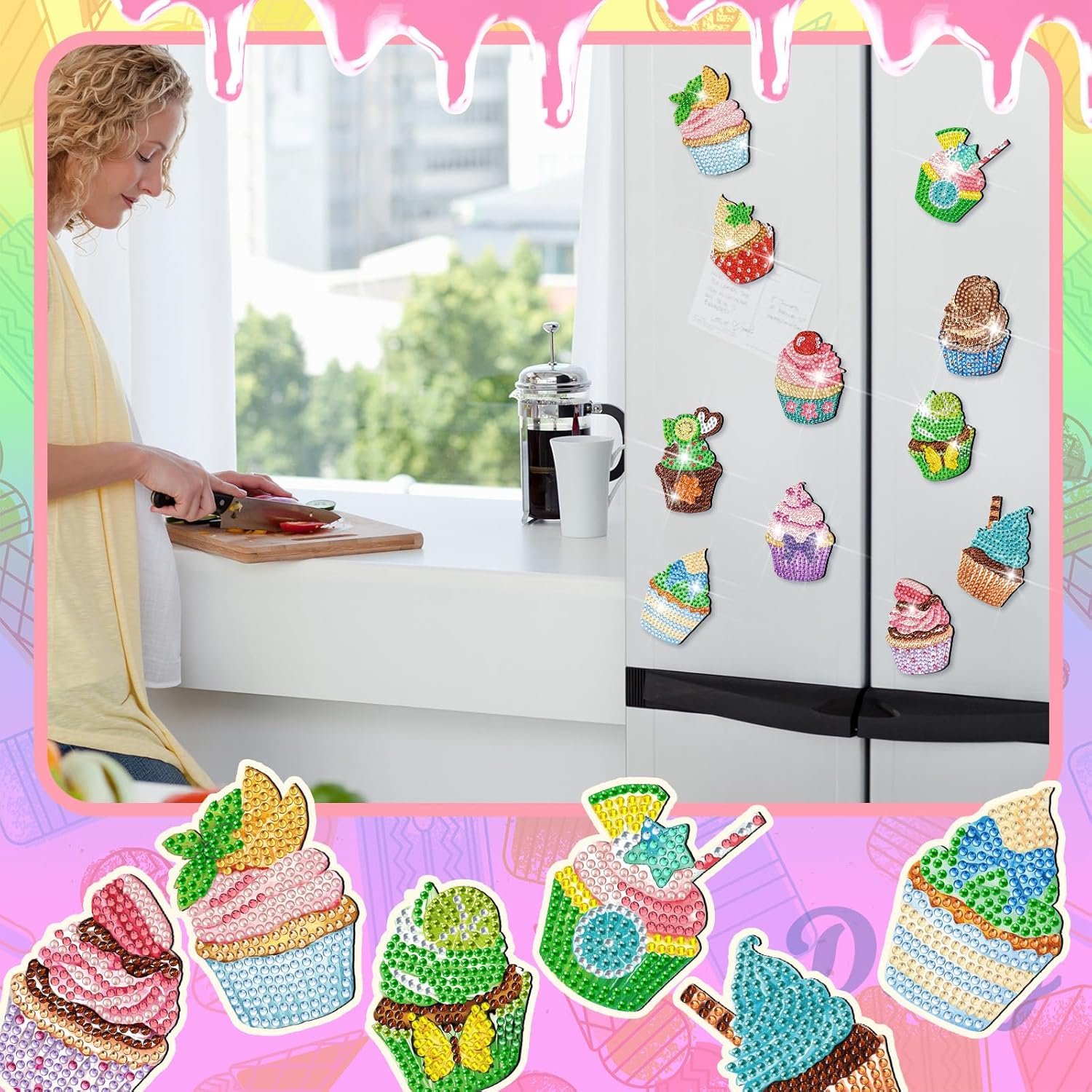 wholesale remuuly 30 pcs diamond painting magnets spring diamond art magnet kits for adults summer animal flower cupcake cow rhinestones refrigerator stickers for fridge diy crafts toy gifts(cupcake) factory & supplier oem