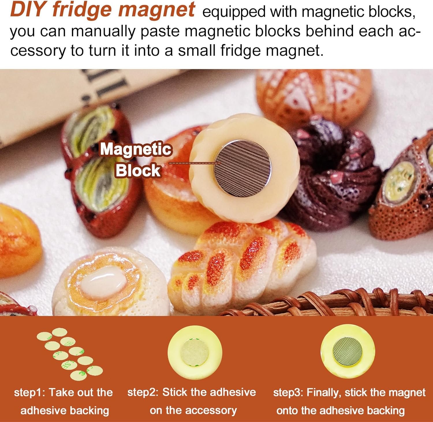 wholesale 24pcs mini bread fridge magnets, fun 3d resin decorative refrigerator magnets, funny small food magnets for fridge, cute colorful decoration, for whiteboard fridge lockers kitchen office home factory & supplier oem