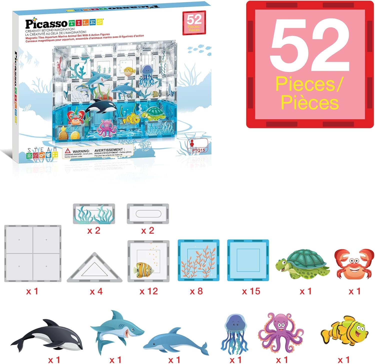 wholesale picassotiles magnet tiles magnetic building blocks aquarium marine animal theme set with 8 character action figures shark crab turtle stem toys construction preschool toddlers kids boys girls 3+ ptq15 factory & supplier oem