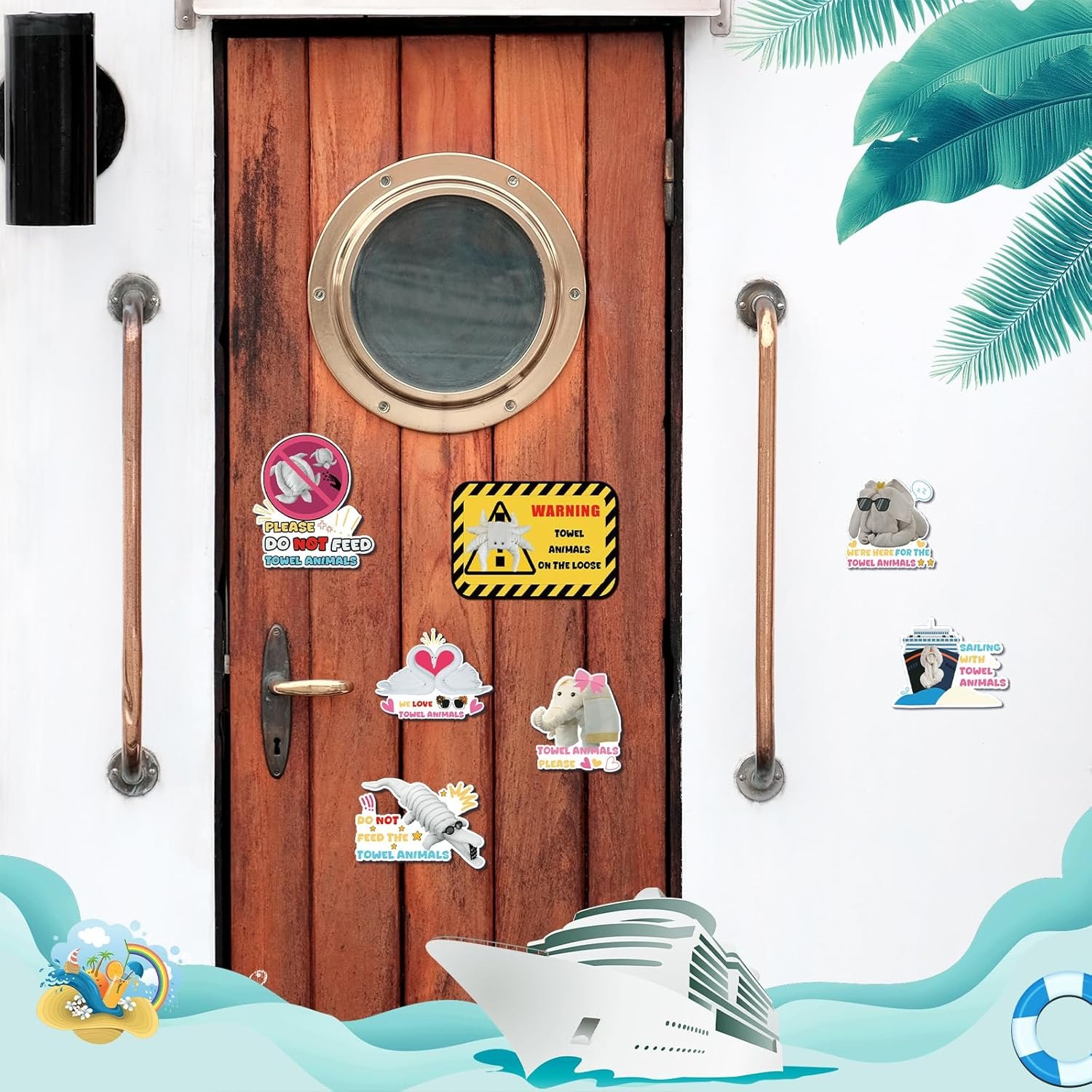 wholesale towel animals - 7pcs large funny cruise ship door decoration stickers, sea ocean magnetic stickers, cute animals cruise decal for home, kitchen, cabinet, carnival party decor factory & supplier oem