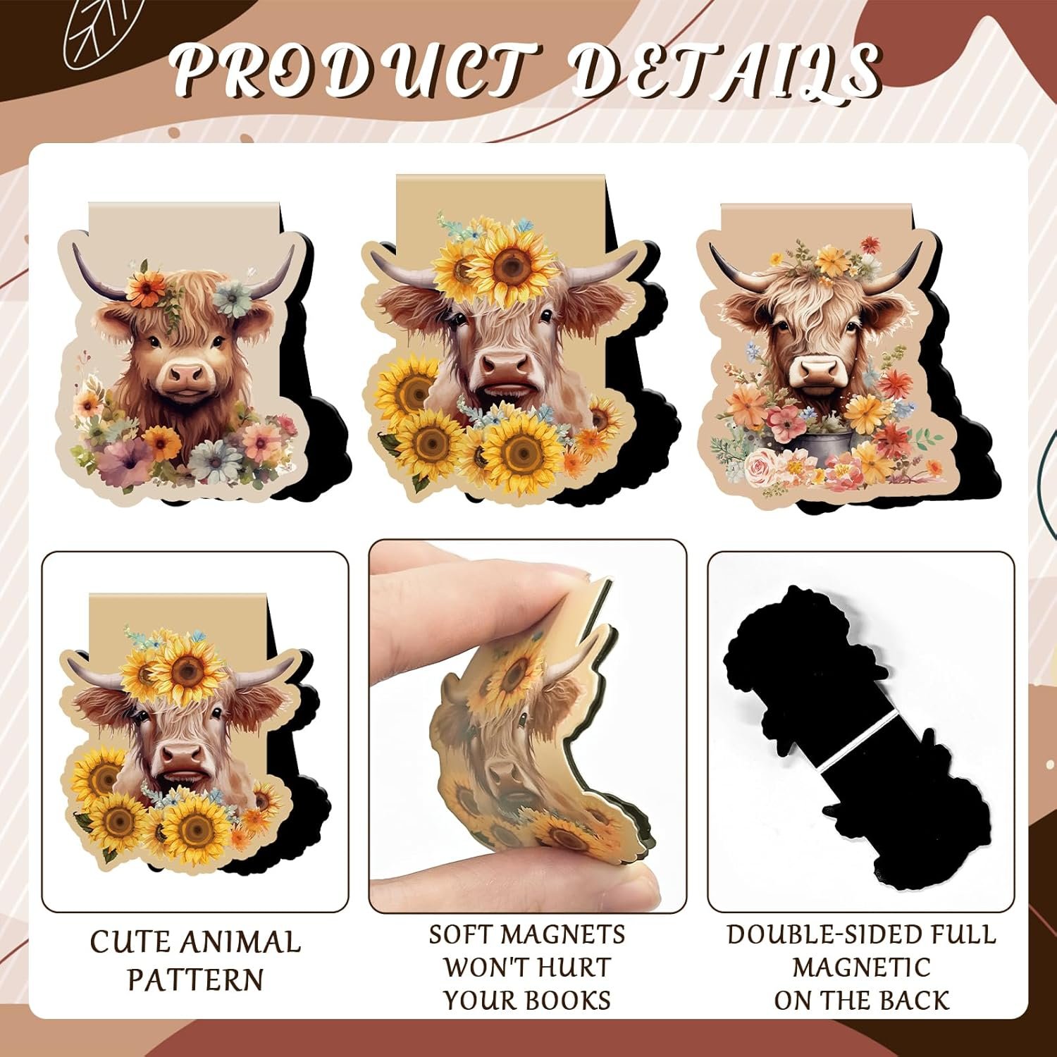 wholesale highland cow magnetic bookmark gifts - wxiben 12 pcs cow print book marks magnets animal magnetic bookmarks sunflower cattle bookmark page clip gift for book lovers teens students teacher reading factory & supplier oem