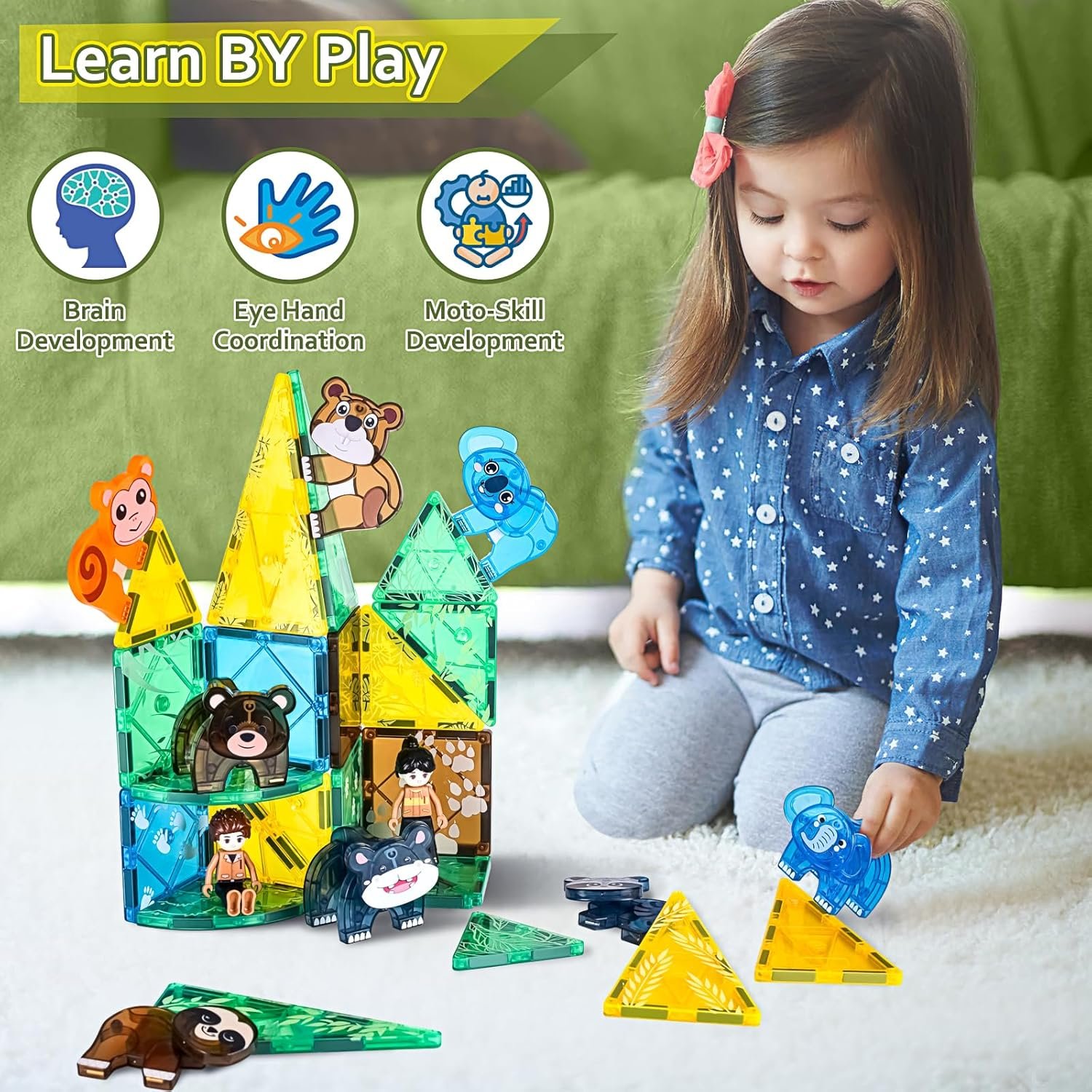 wholesale magnetic tiles set, magnet blocks building toys, safari animals magnetictile for toddler 3-5, assembly 3d structure jungle & forest theme, stem learning toy for kids girls,boys age 3 4 5 6 7 factory & supplier oem