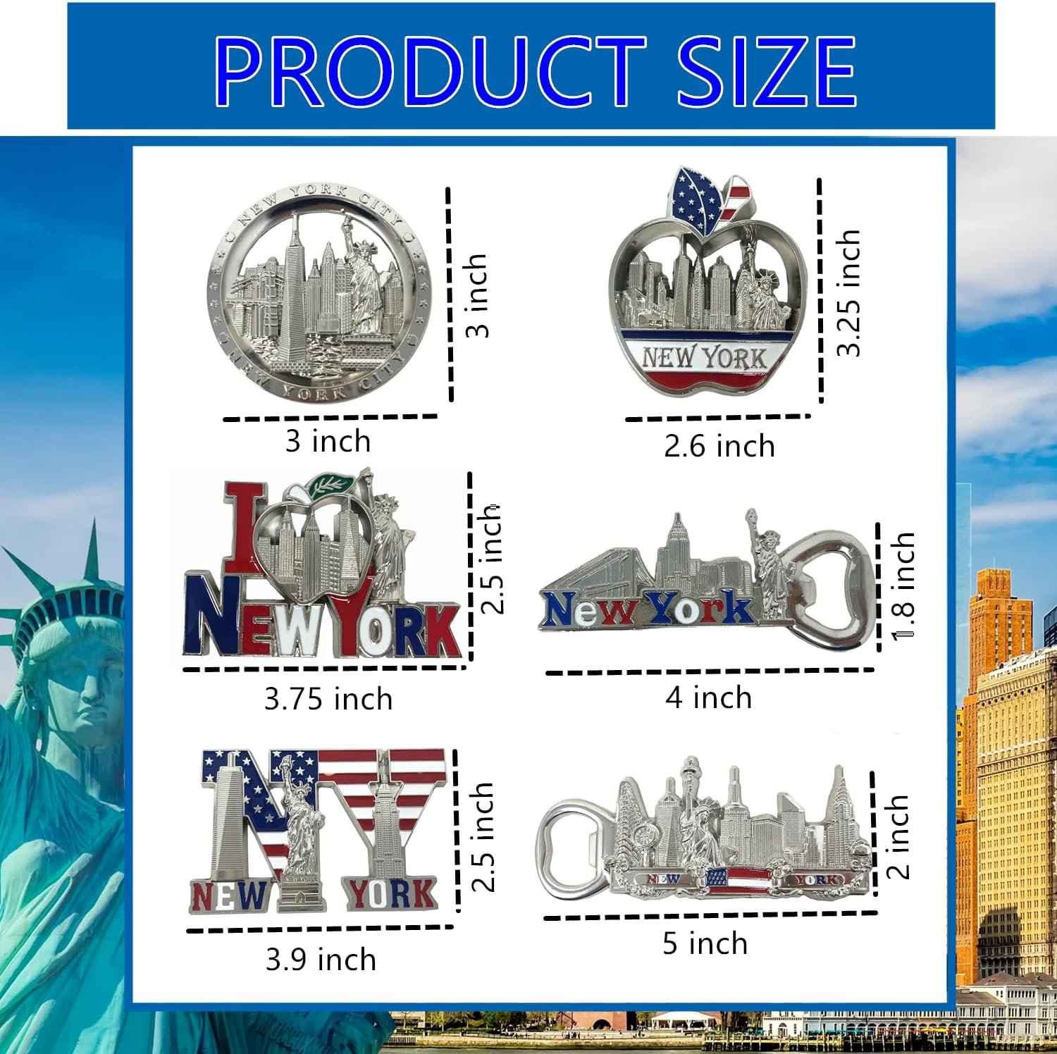 wholesale 6 pack silver bundle nyc metal fridge magnets new york souvenir empire state building, skylines, statue of liberty, brooklyn bridge, big apple, usa flag, fridge magnet bottle opener factory & supplier oem