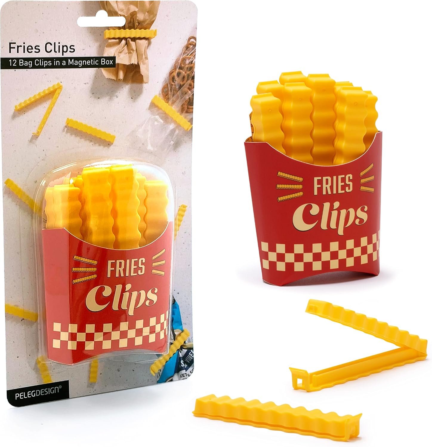 wholesale fries clips: 12 cute french-fries-shaped bag clips to seal opened food packages | fun bag clips for food in a magnetic box to always be at hand | cute kitchen accessories by peleg design factory & supplier oem