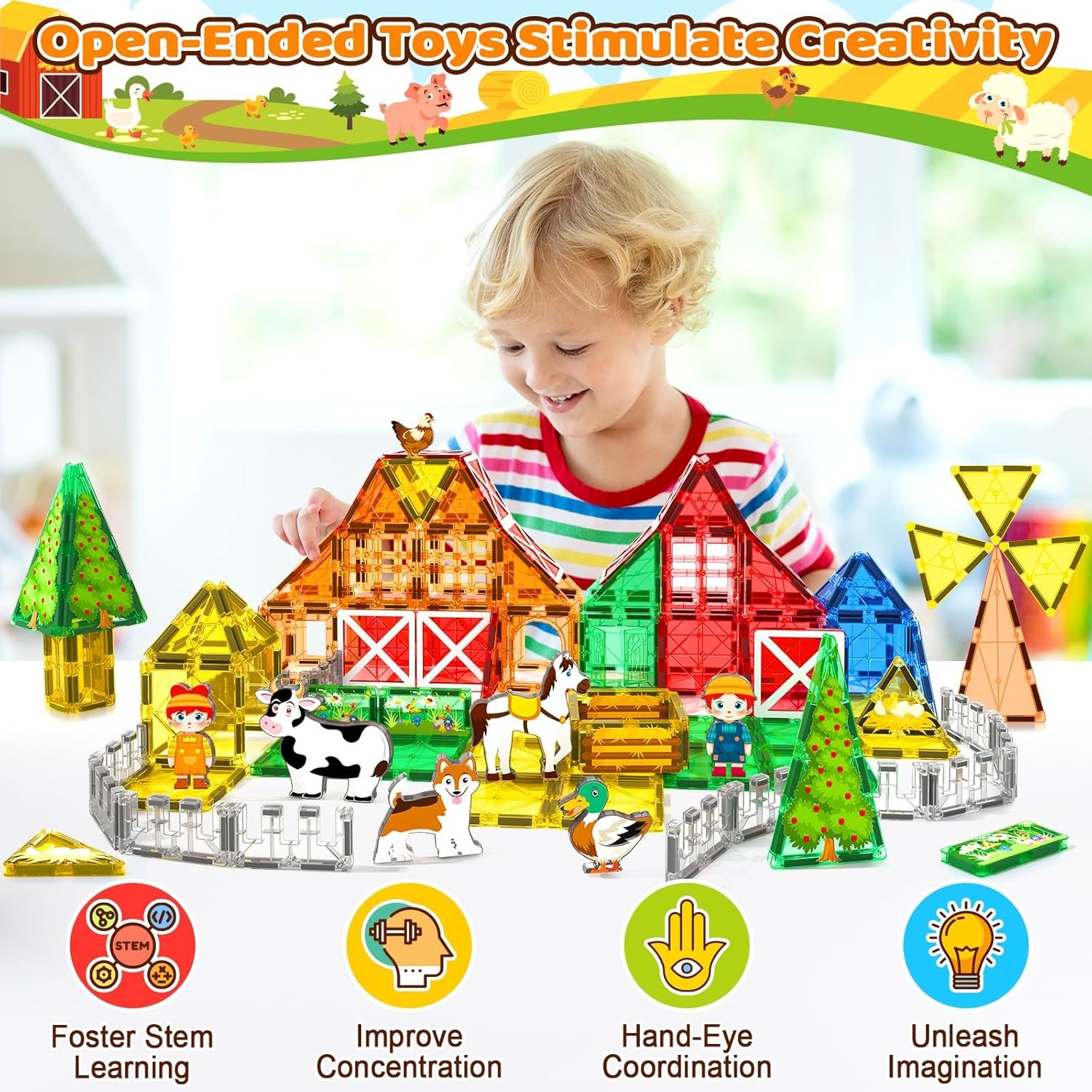 wholesale magnetic tiles toys with farm animals for 3+ year old toddler, magnetic blocks building toys for kids ages 3-5 5-7 girls boys, classroom must haves factory & supplier oem