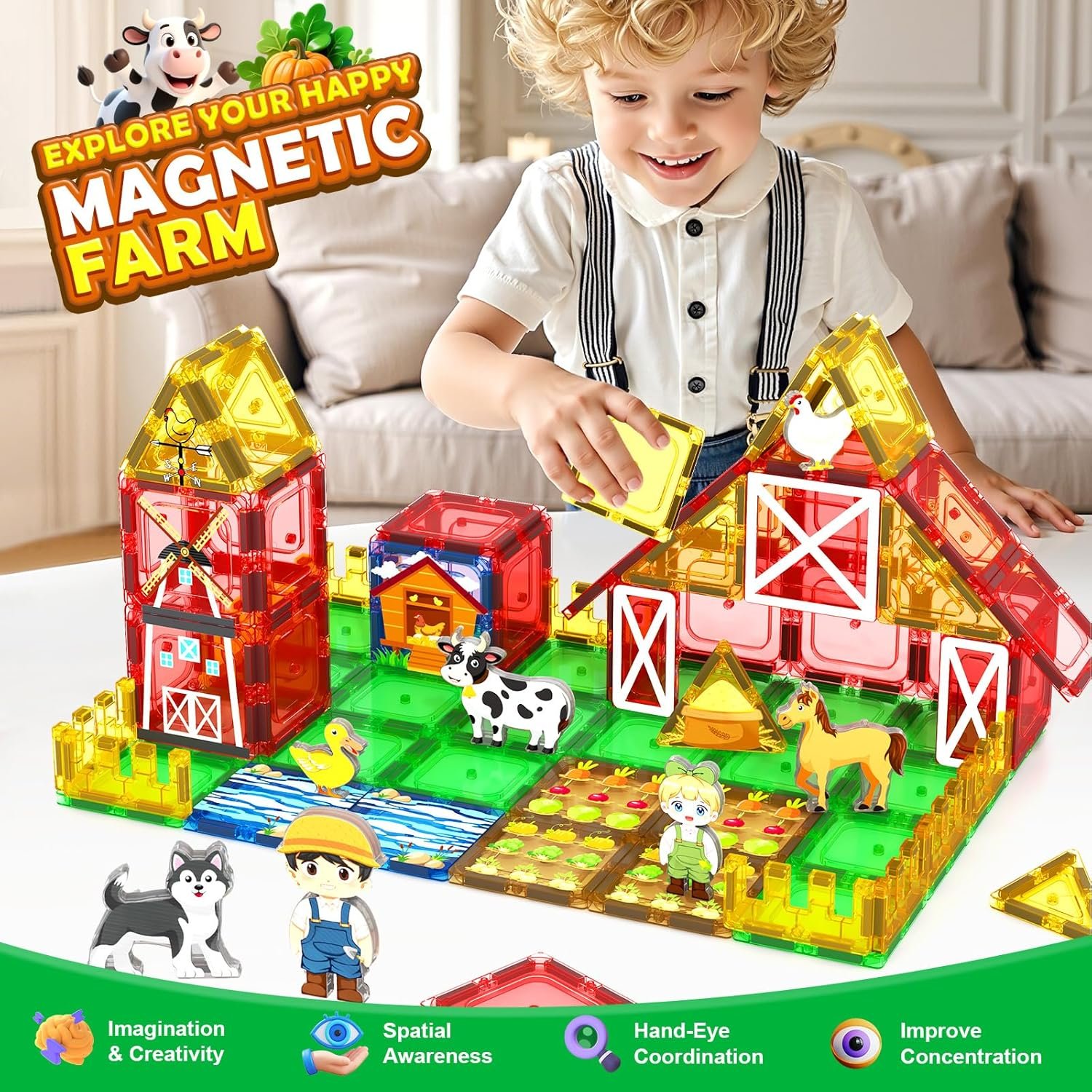 wholesale magnetic tiles farm animals toddler toys, stem magnet building blocks for kids ages 3-5 4-8 5-7, preschool montessori sensory toys, gifts for 3 year old boys & girls factory & supplier oem