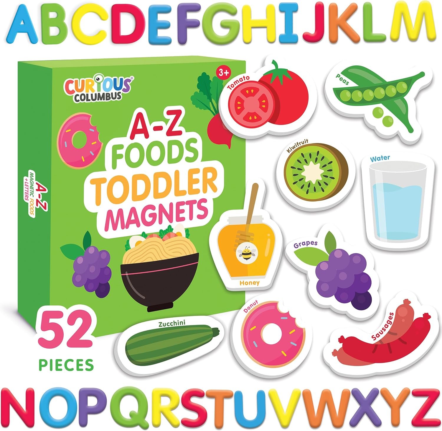 wholesale curious columbus toddler magnets – set of 52 fridge magnets for kids – includes 26 large foam food pieces and 26 abc alphabet letters for learning and play factory & supplier oem