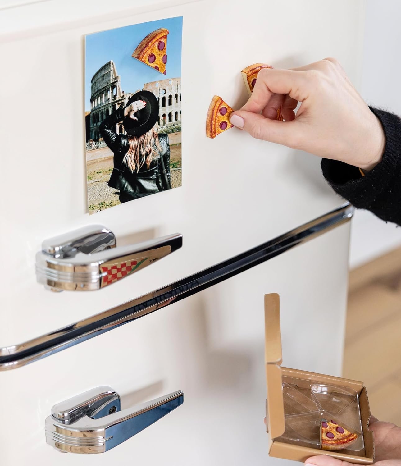 wholesale three by three seattle colorful pizza magnets | adorable, strong, and perfectly sized, backed with mighties magnets, hand-painted | two 4-packs (8 total) in iconic packaging factory & supplier oem