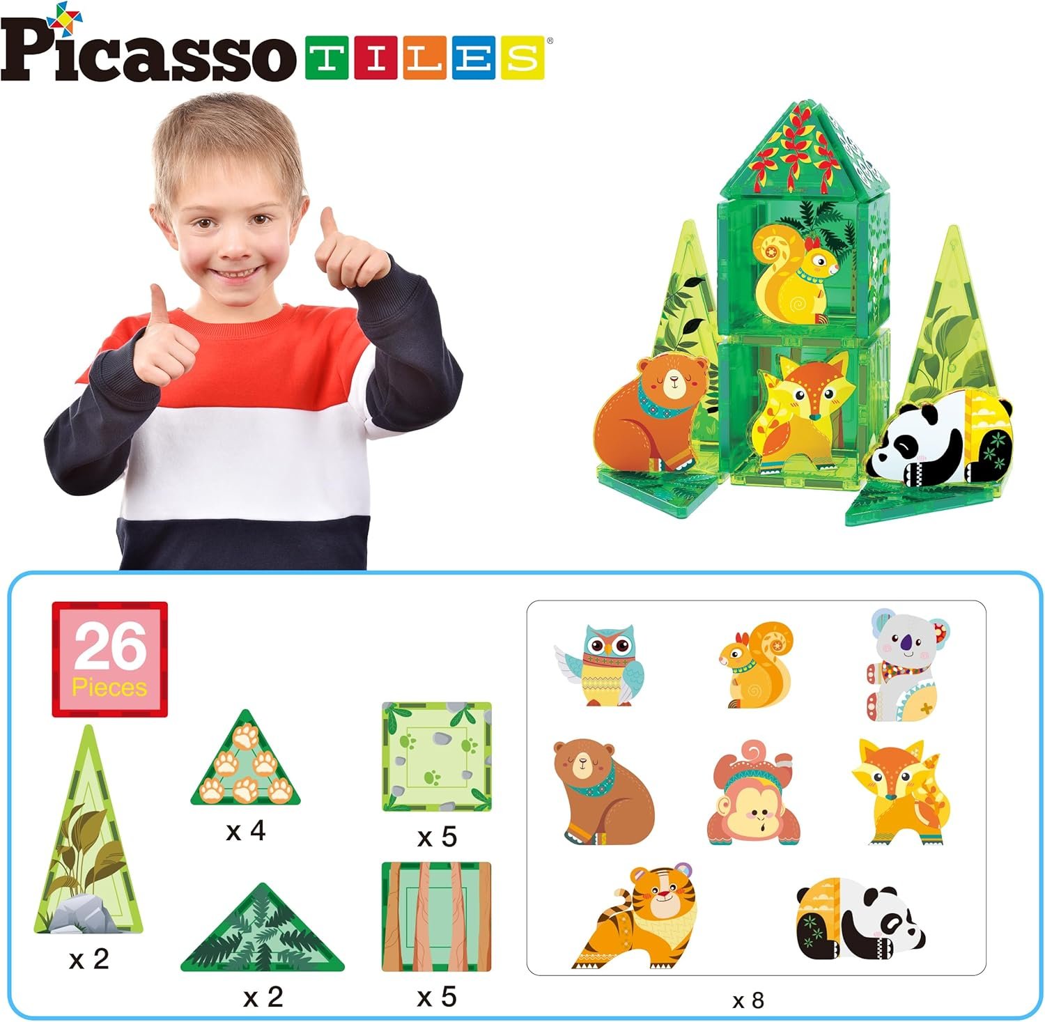 wholesale picassotiles magnet tile building blocks forest animal themed playset with 8 character action figures educational stem learning construction kit pretend play magnetic tiles toddler kids ages 3+ ptq26 factory & supplier oem
