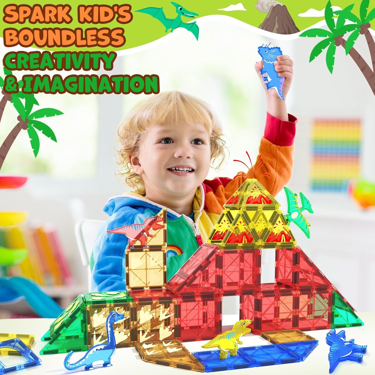 wholesale dinosaur toys magnetic tiles building blocks kids - dinosaur world stem magnet for toddlers creative construction play for 3+ year old boys girls ideal preschool learning sensory toys factory & supplier oem