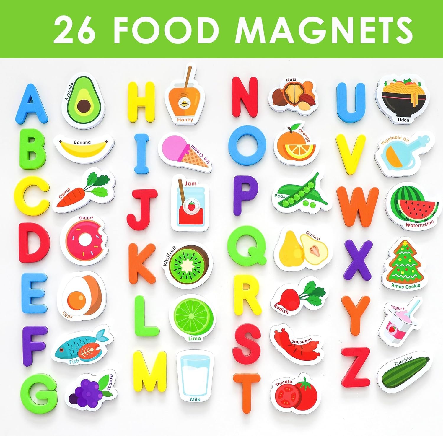 wholesale curious columbus toddler magnets – set of 52 fridge magnets for kids – includes 26 large foam food pieces and 26 abc alphabet letters for learning and play factory & supplier oem