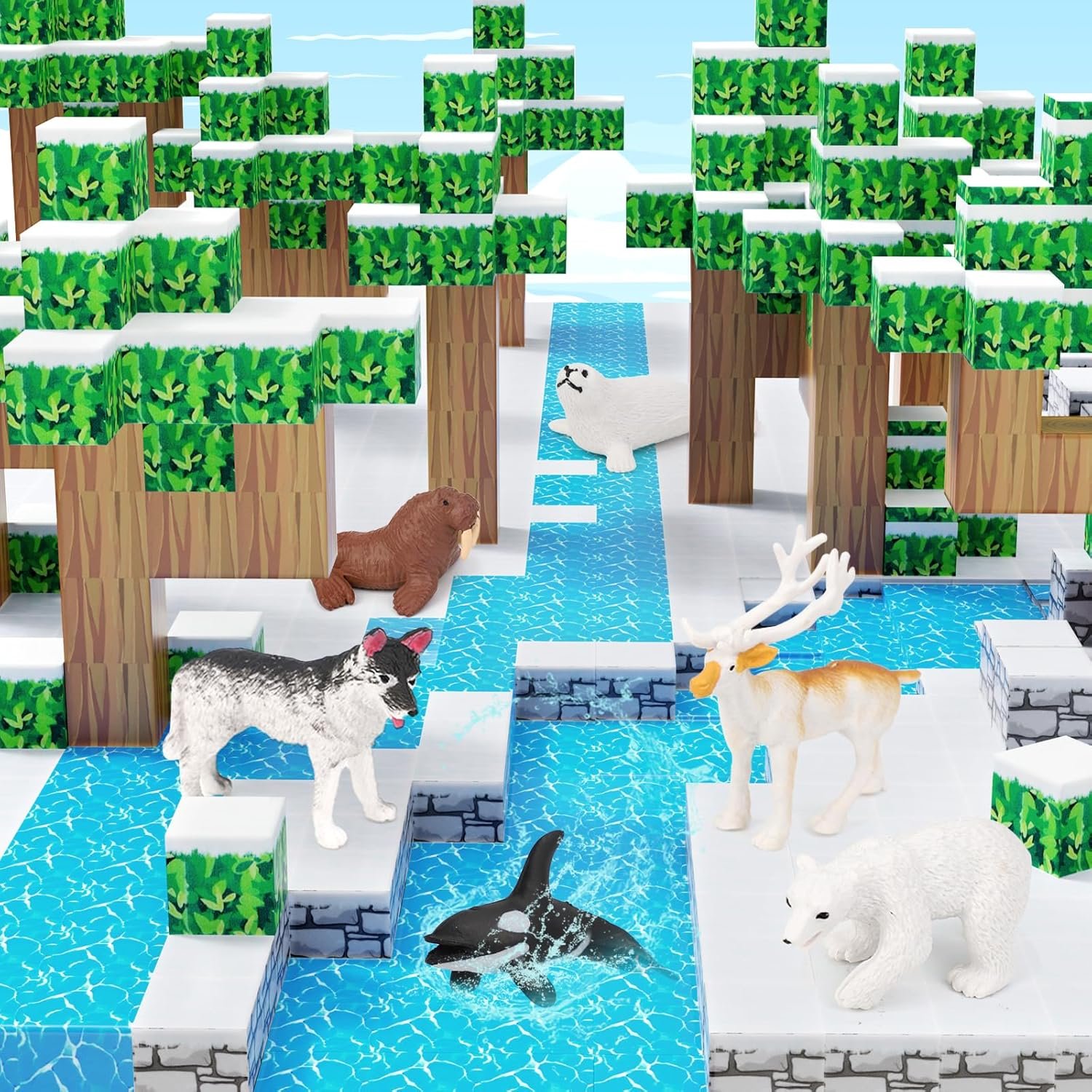 wholesale magnetic blocks 110pcs with 6 animal toys, snow world building blocks set, boys & girls age 4-6,5-7,6-8, stacking building for toddlers & kids 3+ factory & supplier oem