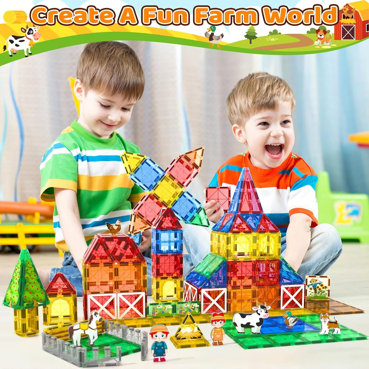 wholesale magnetic tiles toys with farm animals for 3+ year old toddler, magnetic blocks building toys for kids ages 3-5 5-7 girls boys, classroom must haves factory & supplier oem