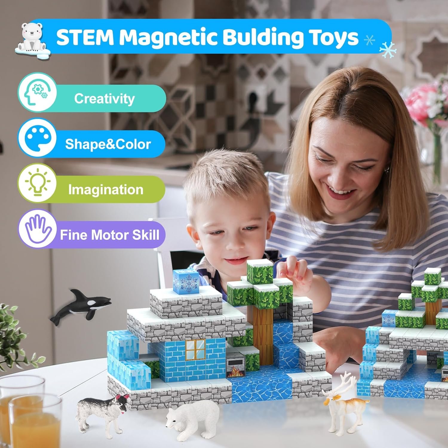 wholesale magnetic blocks 110pcs with 6 animal toys, snow world building blocks set, boys & girls age 4-6,5-7,6-8, stacking building for toddlers & kids 3+ factory & supplier oem