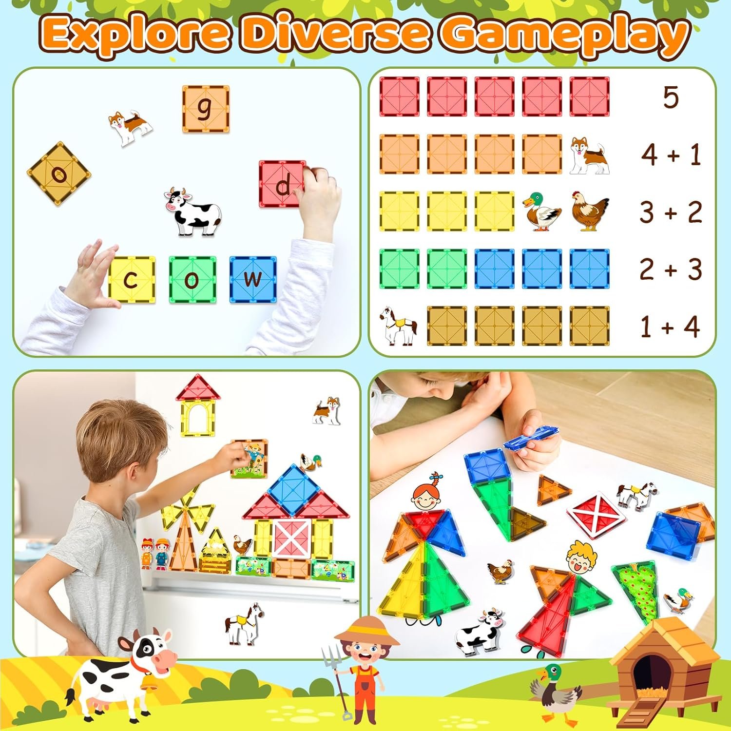 wholesale magnetic tiles toys with farm animals for 3+ year old toddler, magnetic blocks building toys for kids ages 3-5 5-7 girls boys, classroom must haves factory & supplier oem