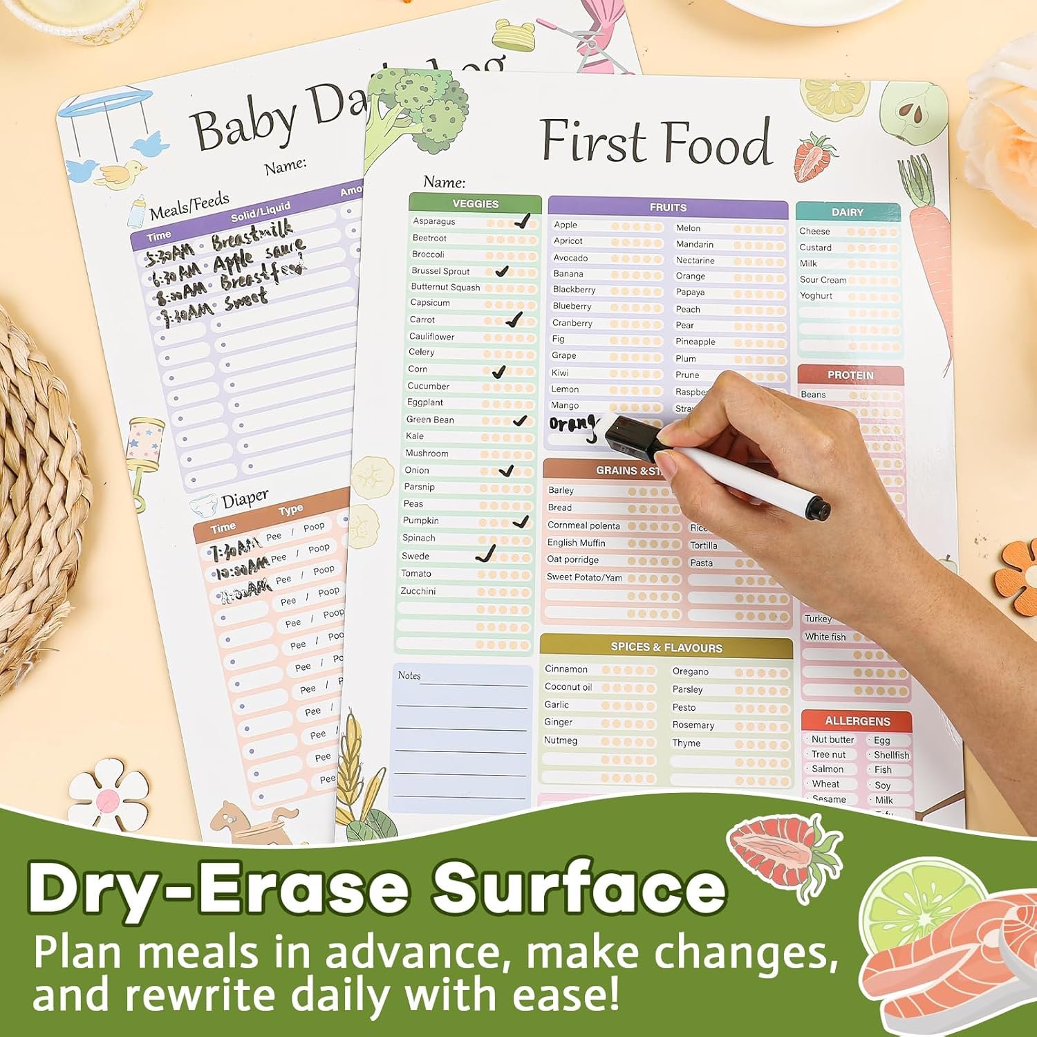 wholesale baby's first foods tracker fridge magnet, foods before 1 checklist magnet, reusable daily food log, baby food chart for new parents,nanny, babysitter 13.8 x 10.2inches factory & supplier oem