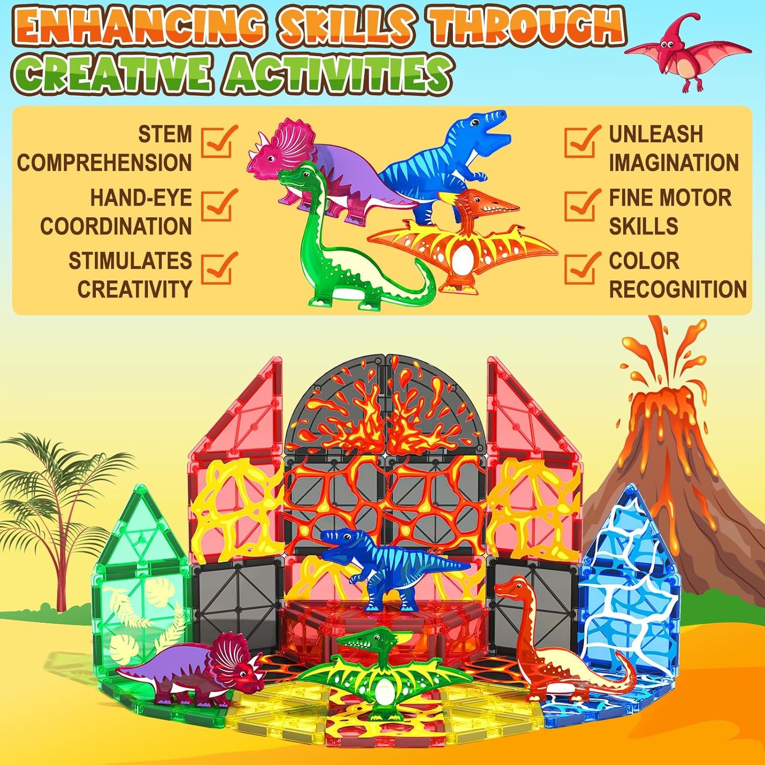 wholesale dinosaur toys magnetic tiles lava dinosaur world set - magnetic blocks building toys for kids 3-5 5-7 girls boys toys age 4-6 6-8, classroom must haves toddler sensory toys for 3+ year old kids toys factory & supplier oem