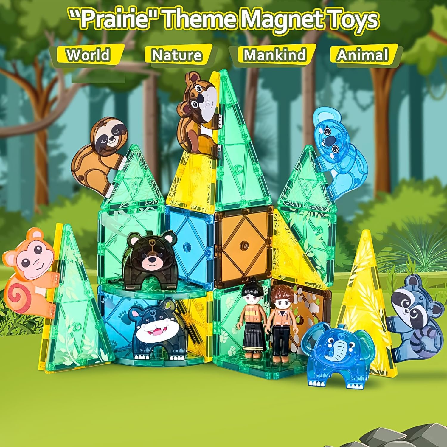 wholesale magnetic tiles set, magnet blocks building toys, safari animals magnetictile for toddler 3-5, assembly 3d structure jungle & forest theme, stem learning toy for kids girls,boys age 3 4 5 6 7 factory & supplier oem