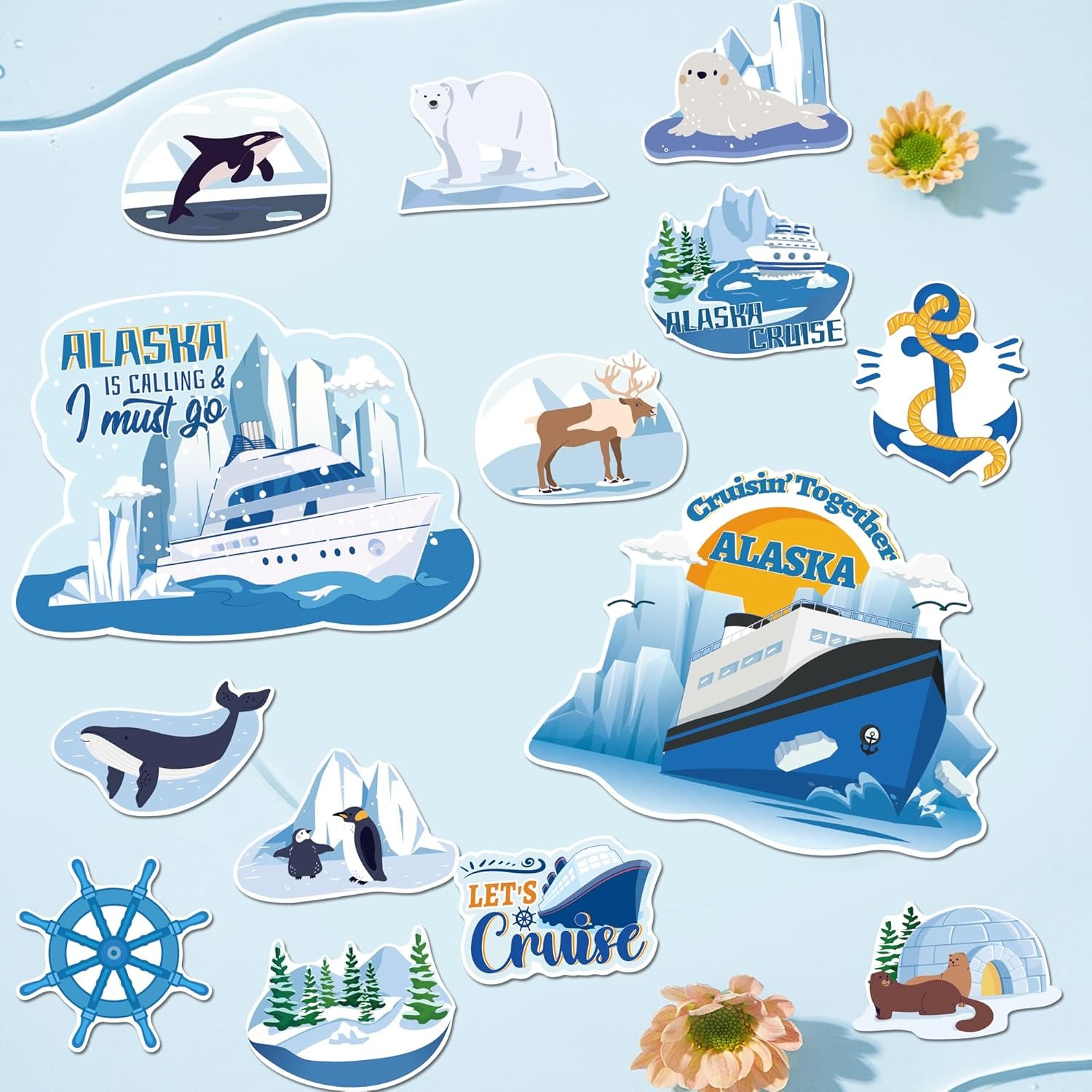 wholesale 14 pcs cruise door decorations magnetic, glacier cute animals cruising together alaska cruise door magnets, alaska cruise essentials door signs for ship cabin door decor factory & supplier oem