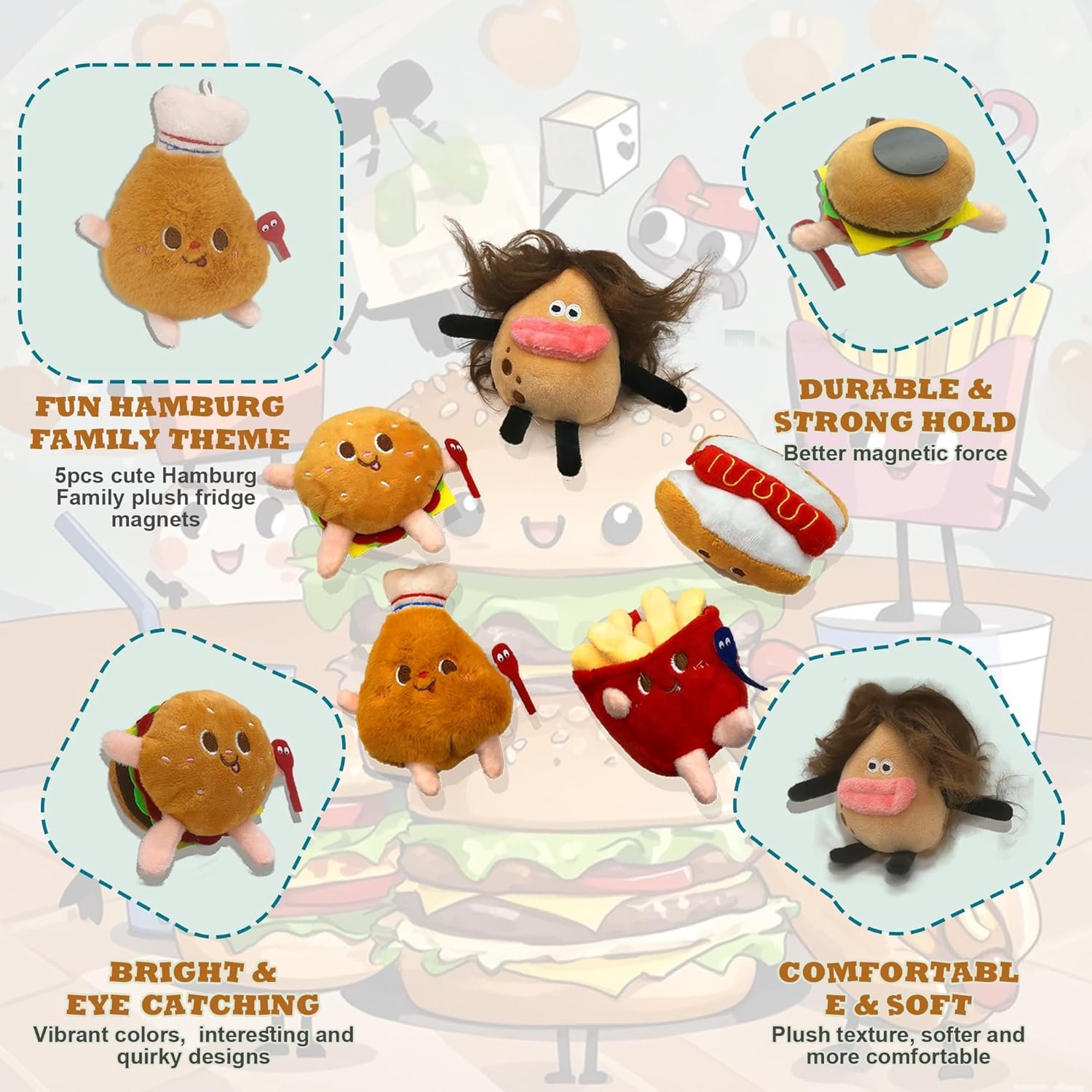 wholesale 5pcs decorative magnets, funny hamburger family, strong fridge magnets, cute refrigerator magnets for home, office, kitchen accessories, whiteboard, locker, classroom, map christmas factory & supplier oem