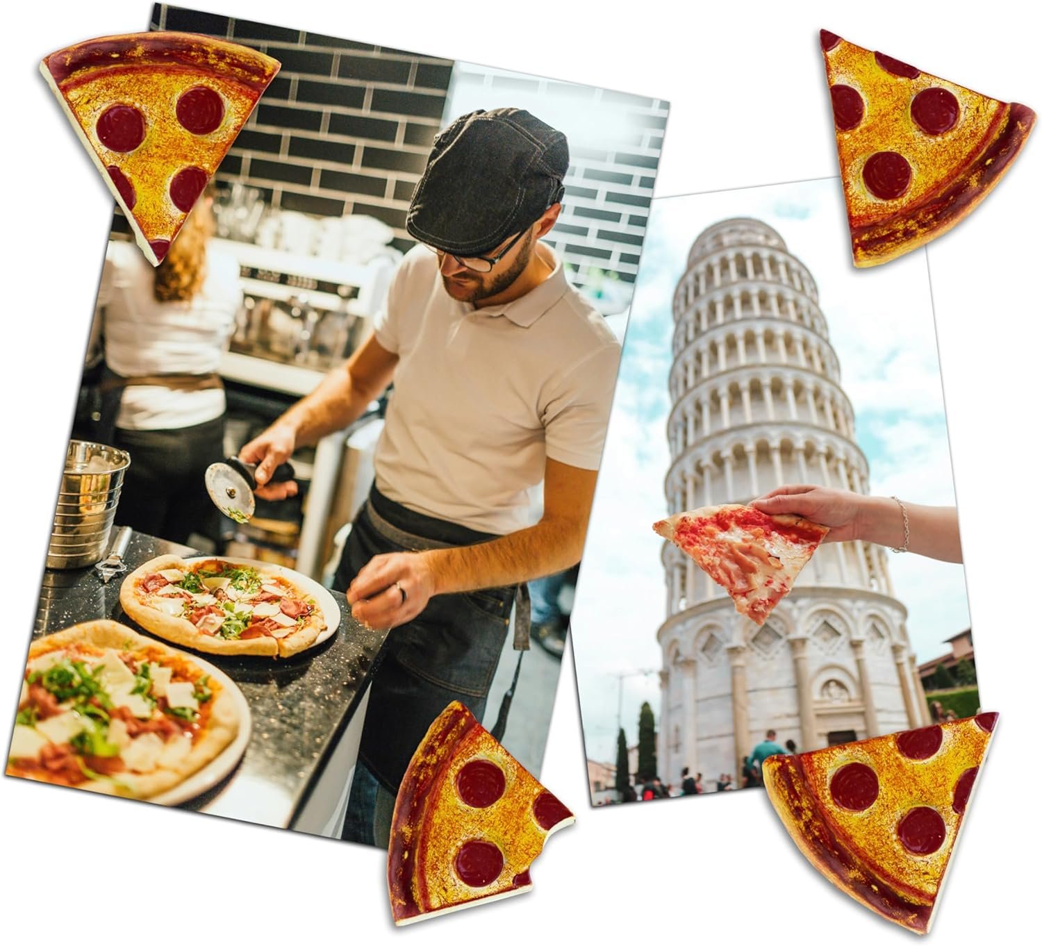 wholesale three by three seattle colorful pizza magnets | adorable, strong, and perfectly sized, backed with mighties magnets, hand-painted | two 4-packs (8 total) in iconic packaging factory & supplier oem