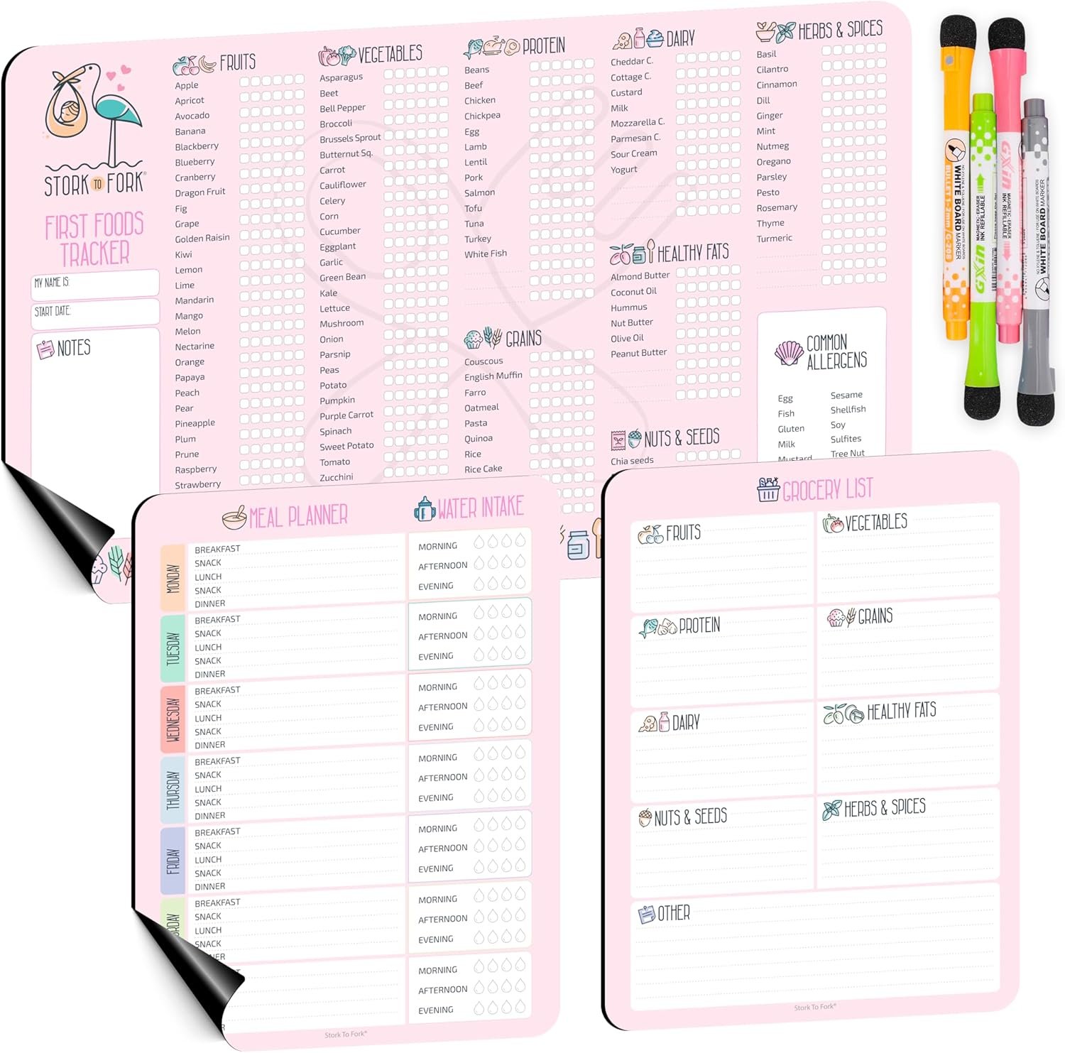wholesale baby first food tracker, magnetic meal planner, fridge grocery shopping list chart (3 in 1) - dry, erase menu planners, strong stickiness on refrigerator - 11.8