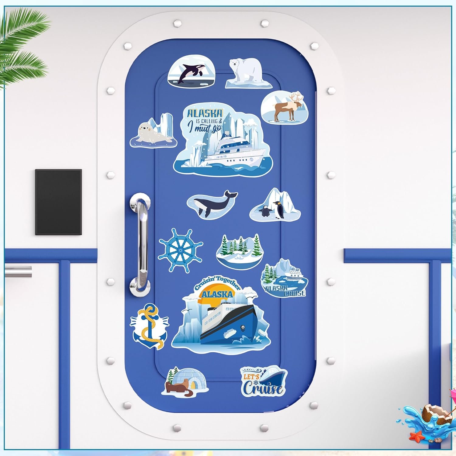 wholesale 14 pcs cruise door decorations magnetic, glacier cute animals cruising together alaska cruise door magnets, alaska cruise essentials door signs for ship cabin door decor factory & supplier oem