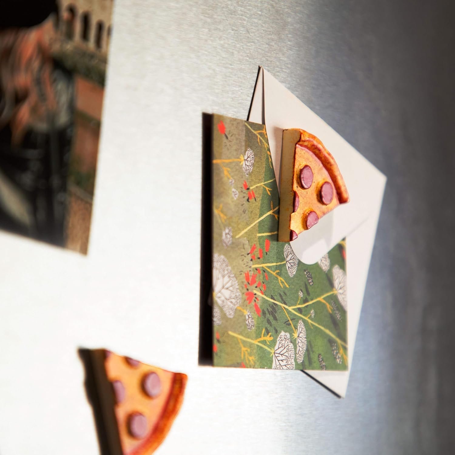 wholesale three by three seattle colorful pizza magnets | adorable, strong, and perfectly sized, backed with mighties magnets, hand-painted | two 4-packs (8 total) in iconic packaging factory & supplier oem
