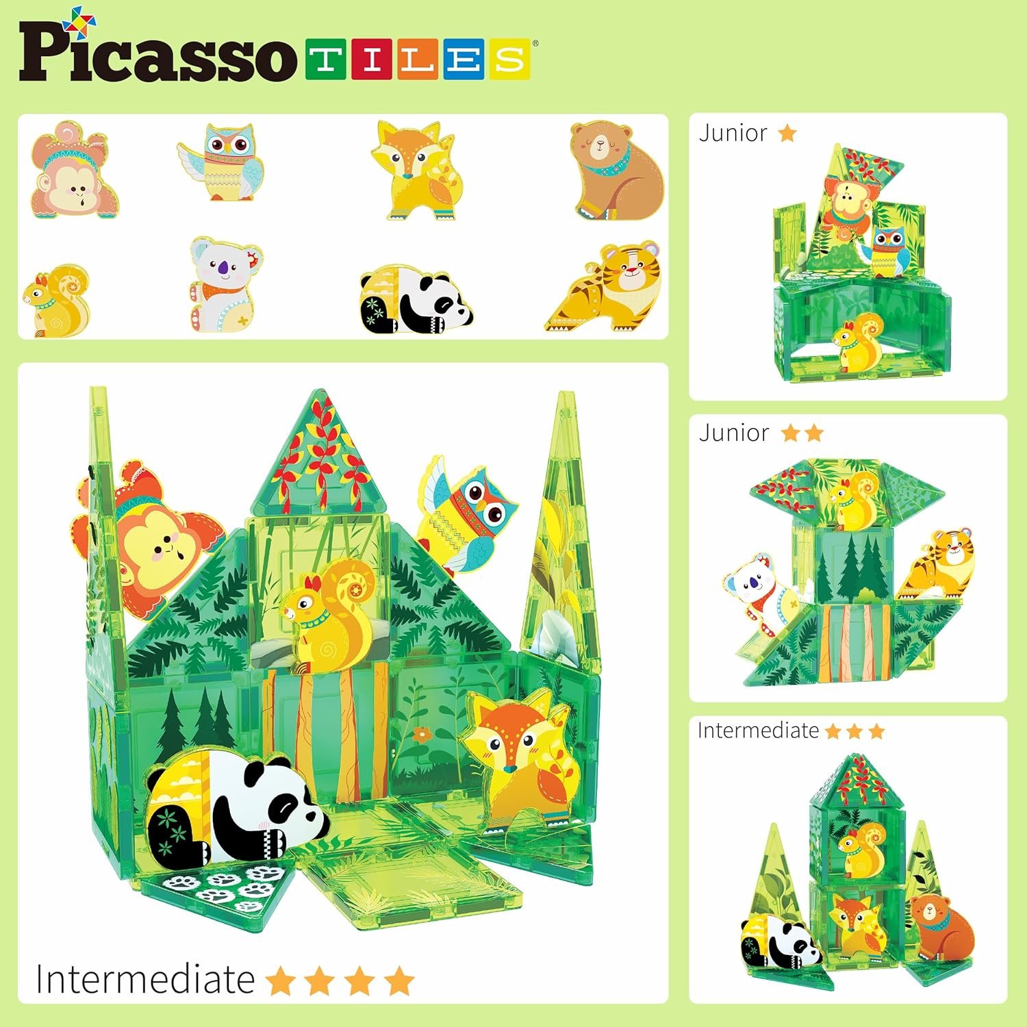 wholesale picassotiles magnet tile building blocks forest animal themed playset with 8 character action figures educational stem learning construction kit pretend play magnetic tiles toddler kids ages 3+ ptq26 factory & supplier oem