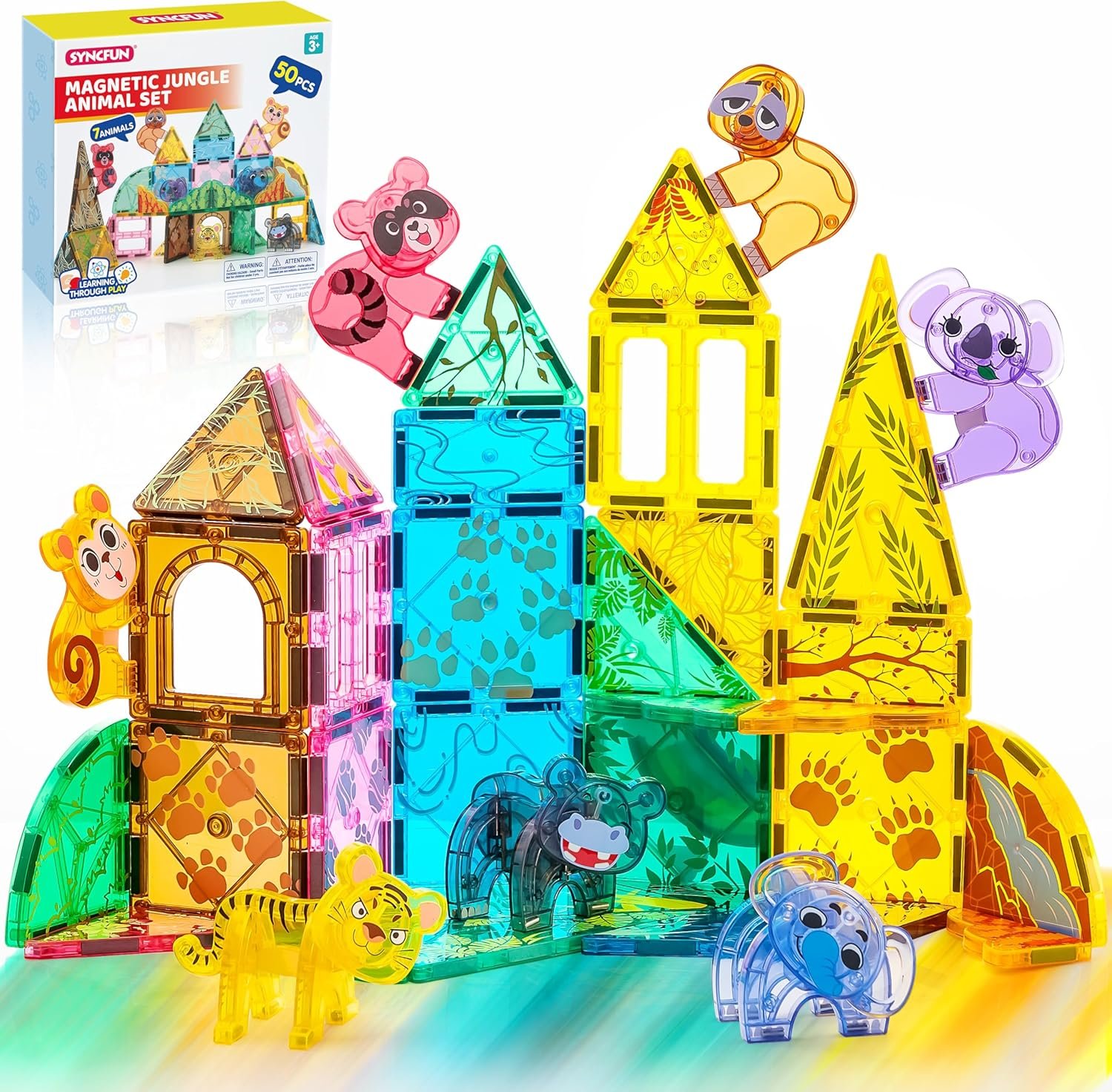 wholesale syncfun magnetic building tiles jungle animal set for kids, 50pcs including 7 cute animals, educational stem toy for boys & girls ages 3-5 4-8, christmas birthday party gift for toddlers factory & supplier oem