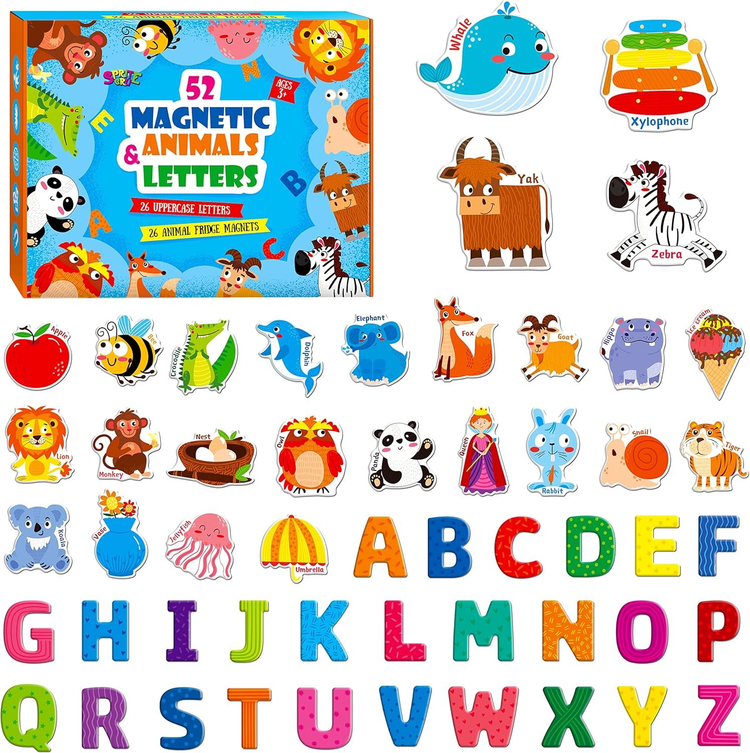 wholesale large magnetic letters and animals, educational learning tool for kids word recognition 52 pieces magnets include 26 colorful alphabet letters and corresponding cartoon images factory & supplier oem