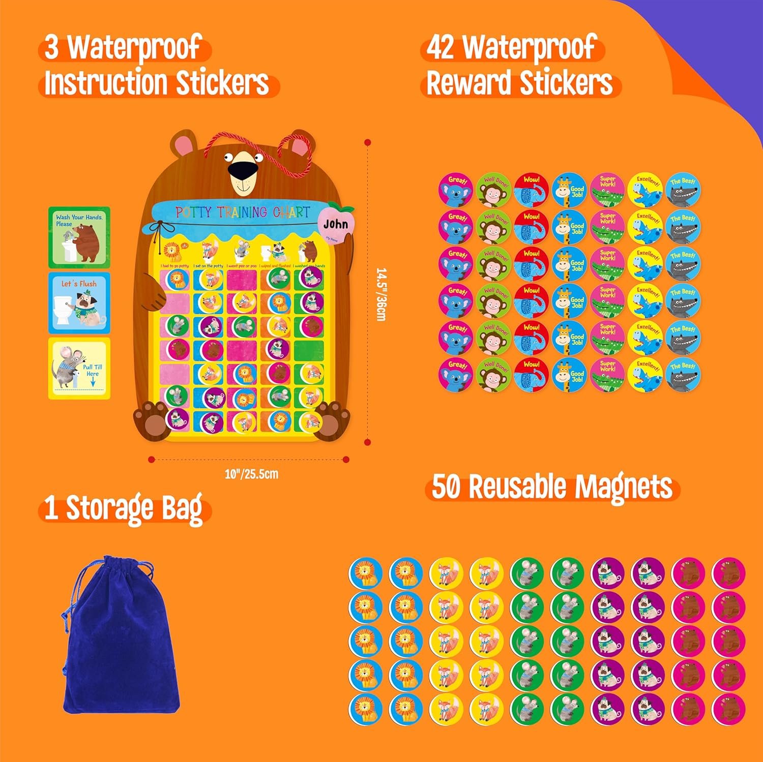 wholesale magnetic potty training chart, animals reward potty training chart with 50 reusable animal magnets plus 45 stickers and a storage bag, perfect for boys & girls, multiple toddlers (14.2” x 10”) factory & supplier oem
