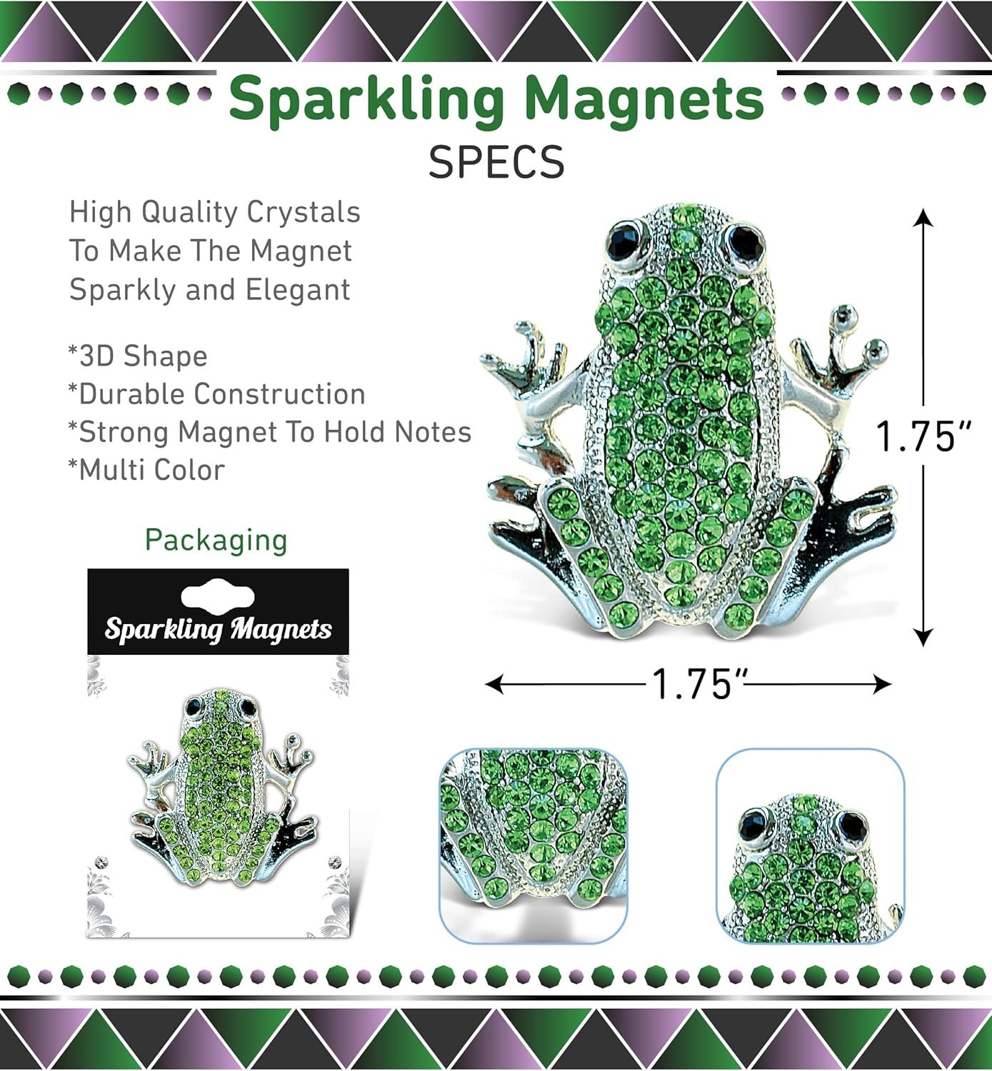wholesale cota global sparkling green frog refrigerator magnet - elegant green rhinestones crystals magnetic fridge decoration, cute animal magnets for fridge, locker, frog kitchen accessories - 2.5 inches factory & supplier oem