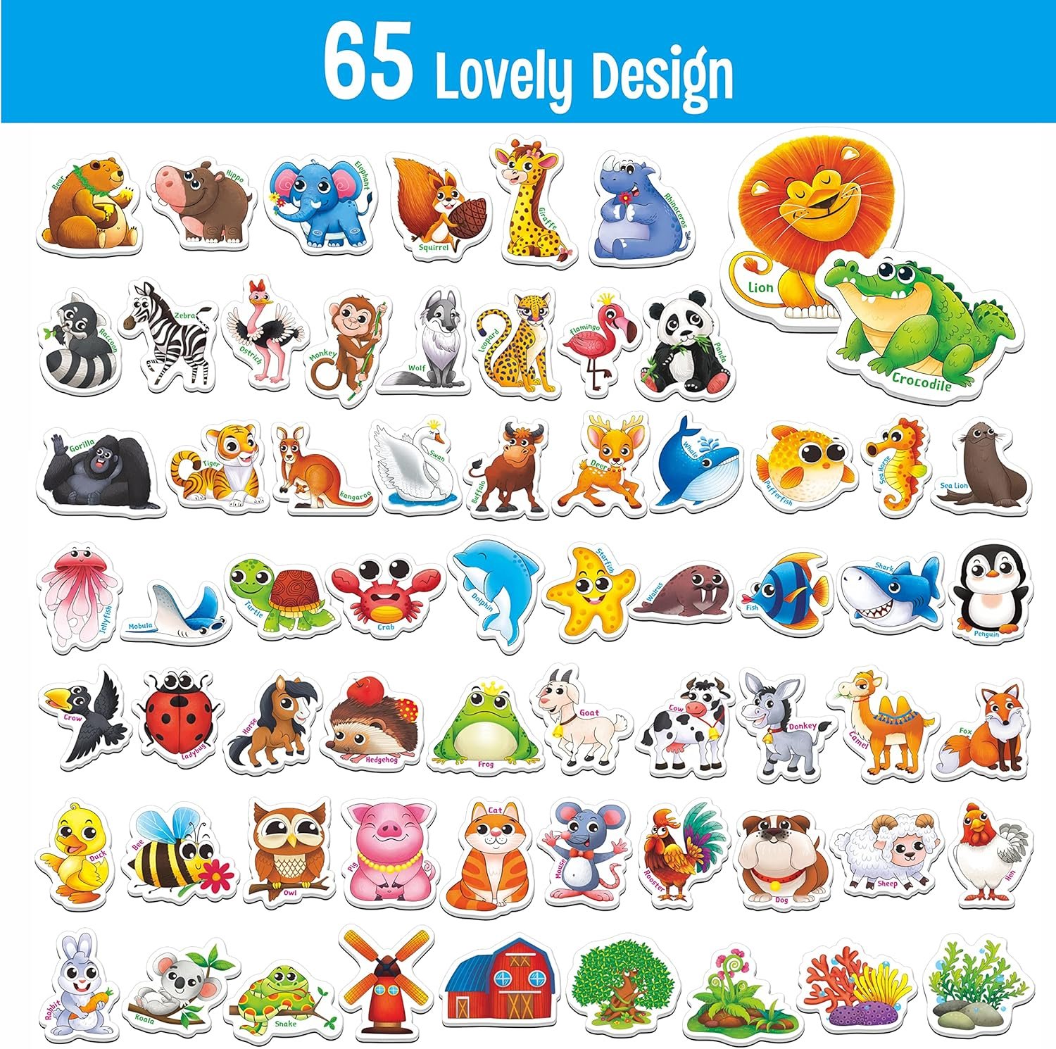 wholesale 65 pcs adorable magnetic animal fridge magnets - wild, farm & marine animals - thickened cardstock refrigerator magnets - cute educational learning toys for kids 3+ factory & supplier oem