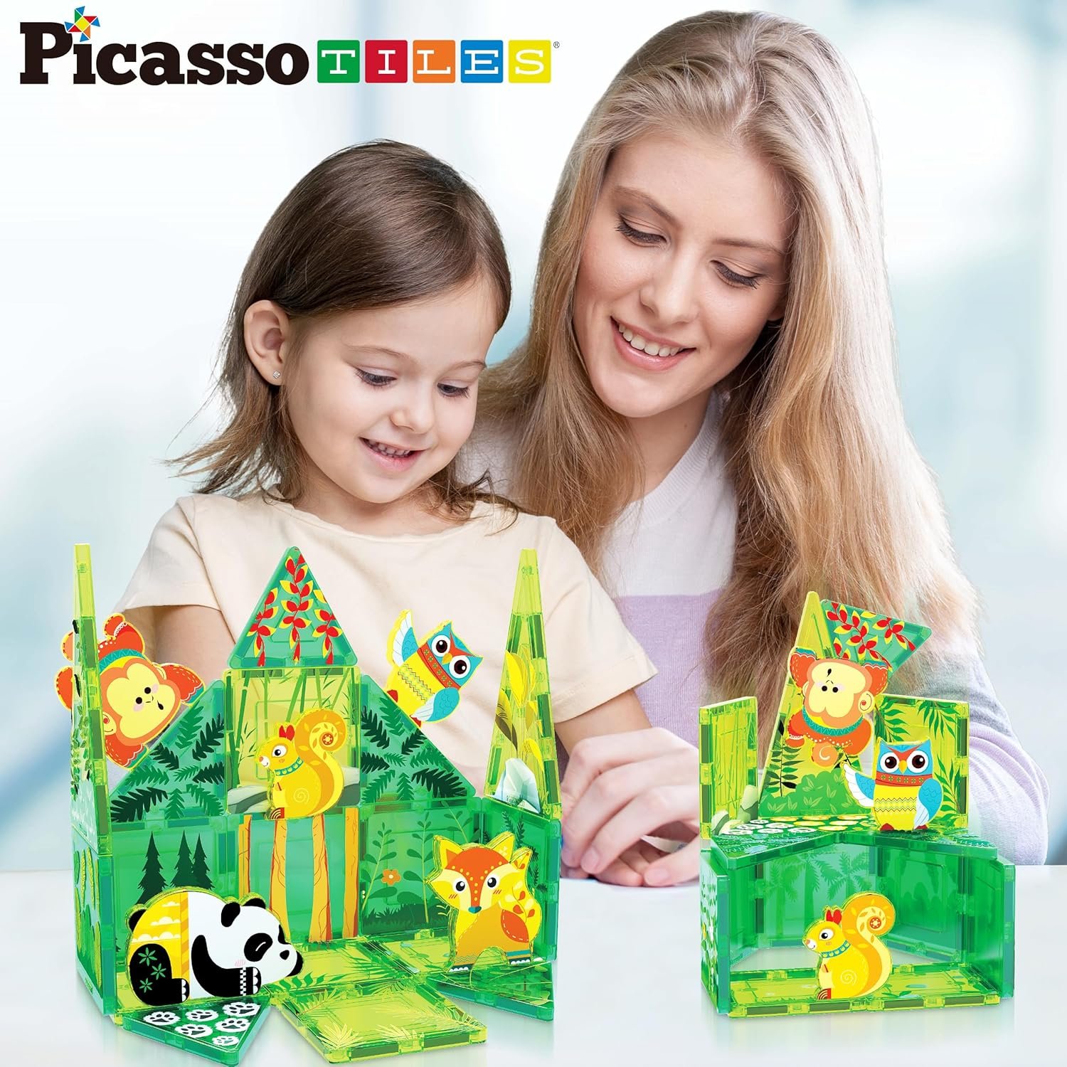 wholesale picassotiles magnet tile building blocks forest animal themed playset with 8 character action figures educational stem learning construction kit pretend play magnetic tiles toddler kids ages 3+ ptq26 factory & supplier oem