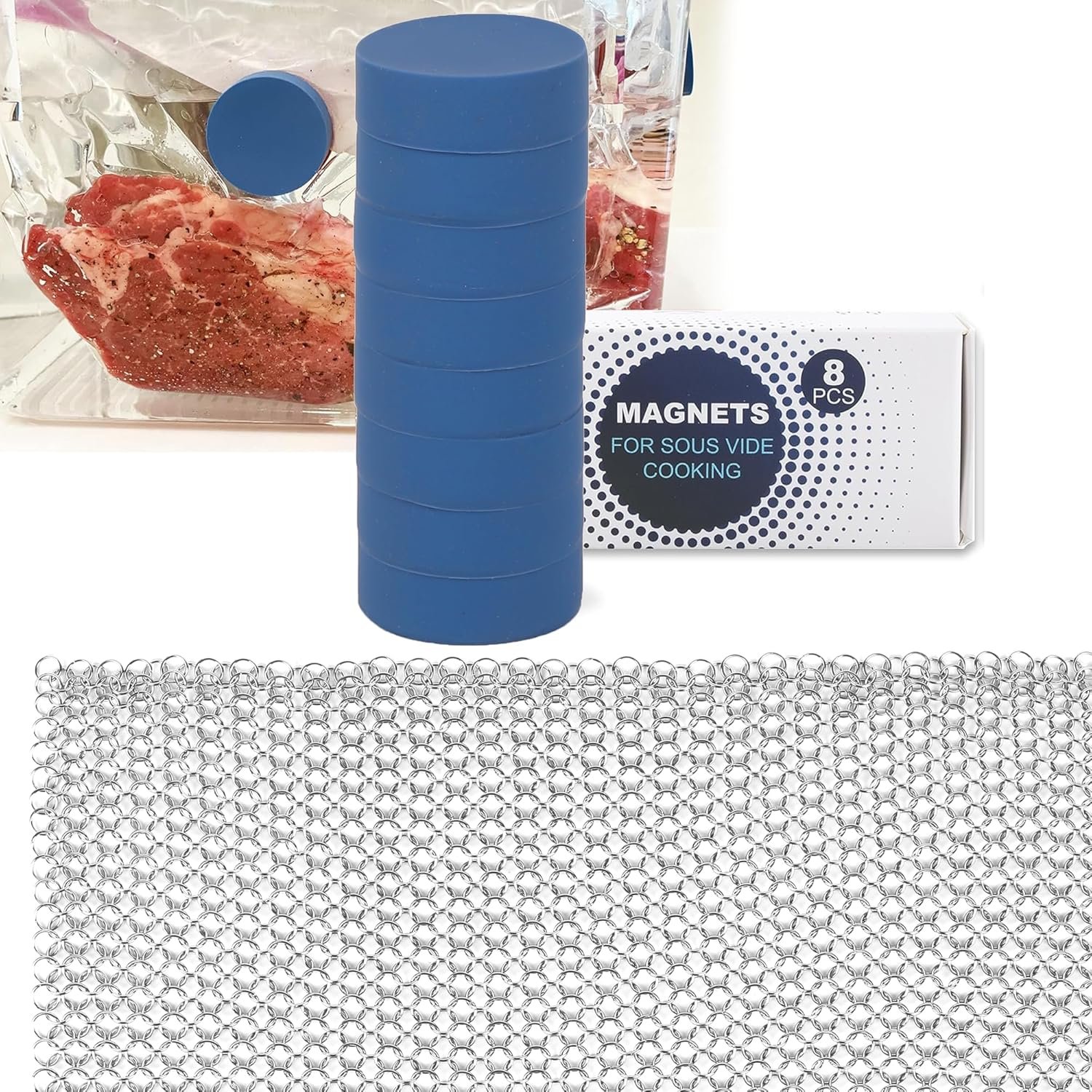 wholesale tongass 8-pcs silicone-coated sous vide magnets weights and food grade stainless steel sous vide mesh net for keeping bags submerged & prevent floating, powerful food safe weighted magnets factory & supplier oem
