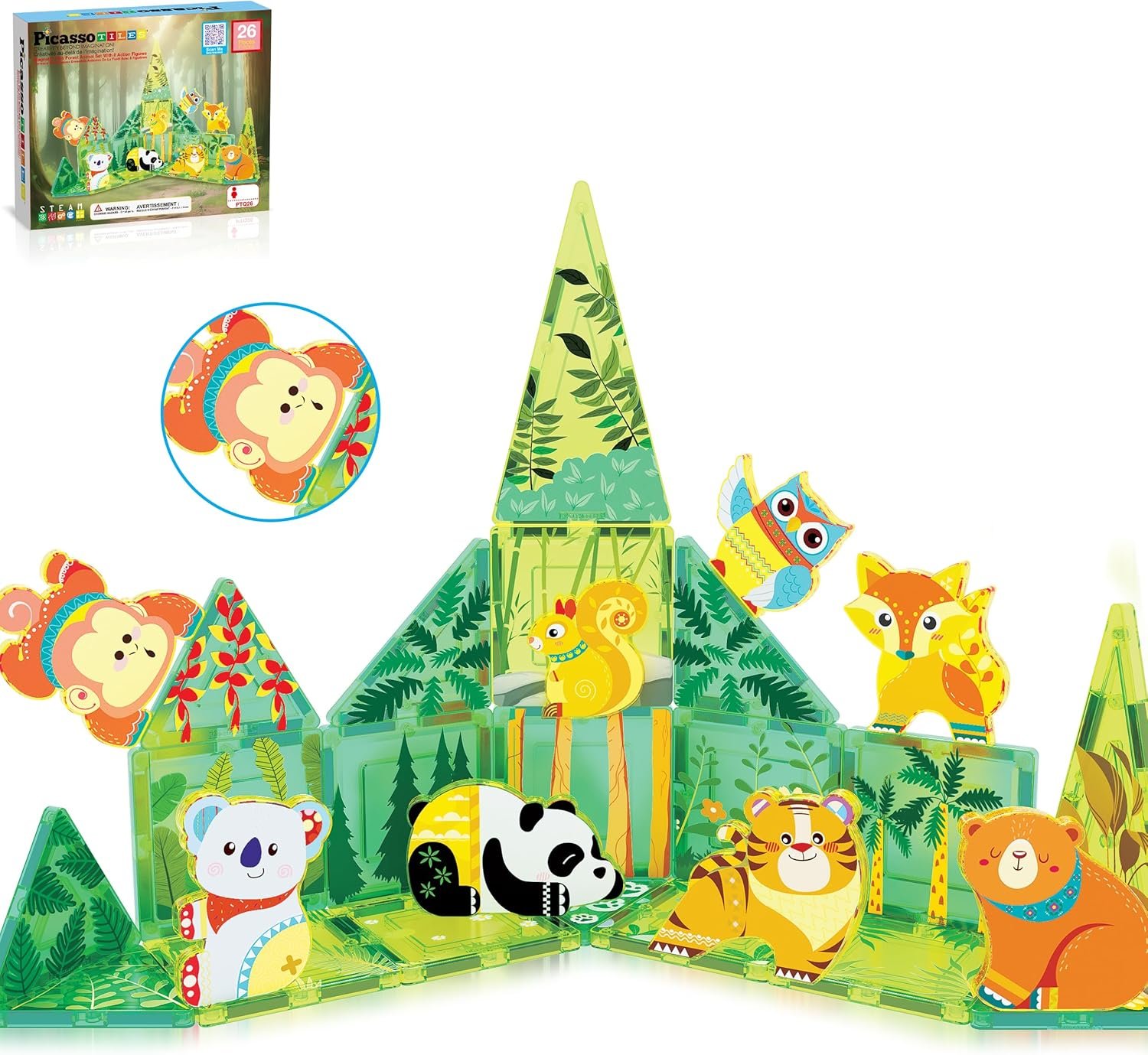 wholesale picassotiles magnet tile building blocks forest animal themed playset with 8 character action figures educational stem learning construction kit pretend play magnetic tiles toddler kids ages 3+ ptq26 factory & supplier oem