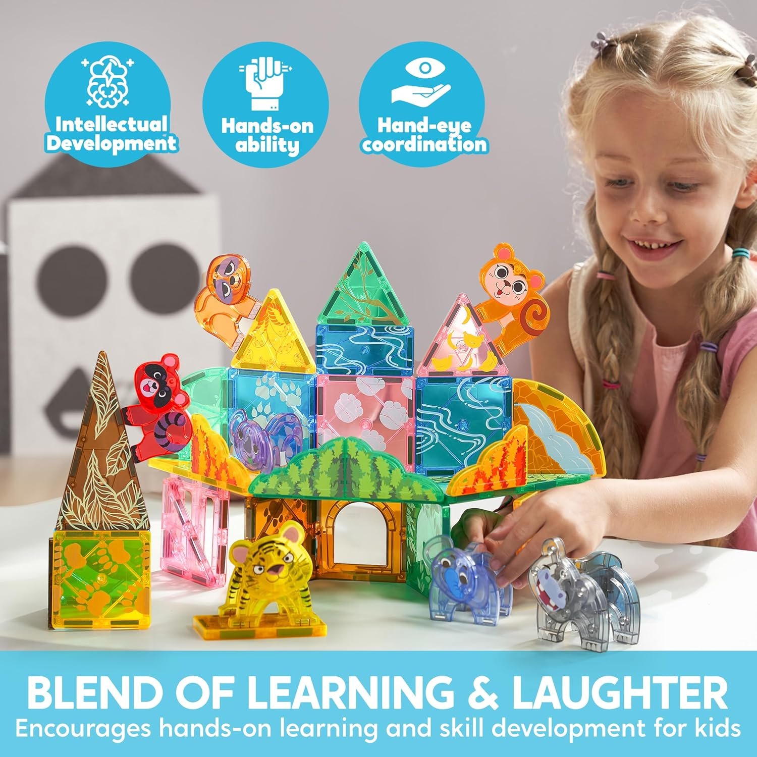 wholesale syncfun magnetic building tiles jungle animal set for kids, 50pcs including 7 cute animals, educational stem toy for boys & girls ages 3-5 4-8, christmas birthday party gift for toddlers factory & supplier oem