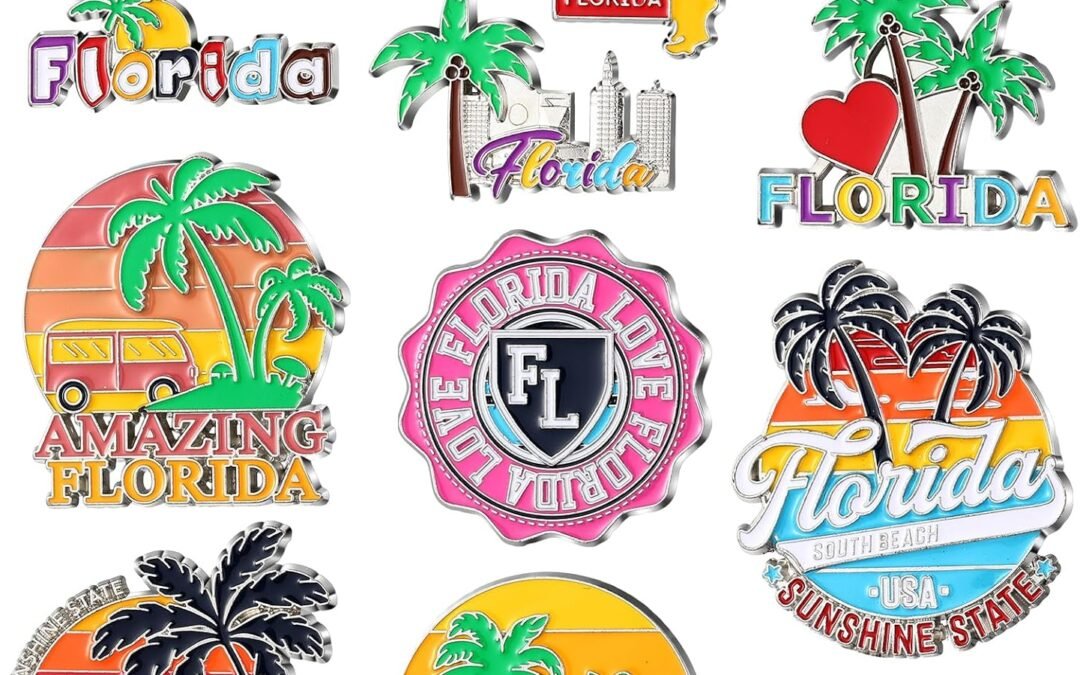 Konohan 12 Pcs Florida Magnets for Refrigerator Metal USA Fridge Magnet Magnetic Florida Souvenirs Gifts USA State Magnetic Refrigerator Stickers, Coconut Tree, Map