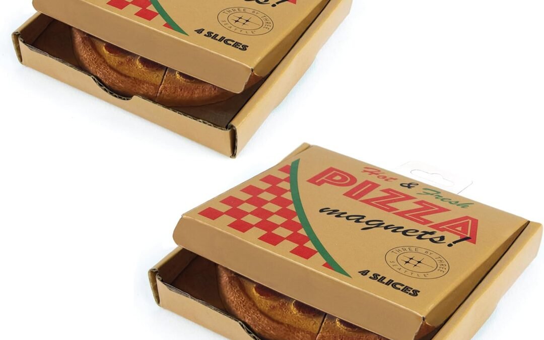 Wholesale Three by Three Seattle Colorful Pizza Magnets | Adorable, Strong, and Perfectly Sized, Backed with Mighties Magnets, Hand-Painted | Two 4-Packs (8 Total) in Iconic Packaging Factory & Supplier OEM