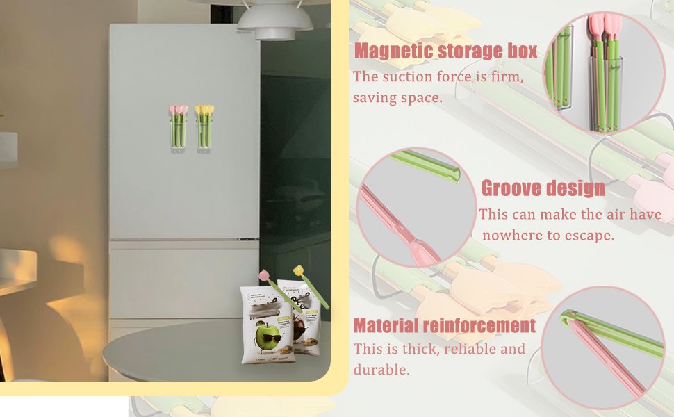 wholesale magnetic refrigerator sealing clip,cute tulip shaped food packages clips，chip clips with magnet storage box fridge magnets, food freshness bag clip kitchen accessories,2 pieces of 10 factory & supplier oem